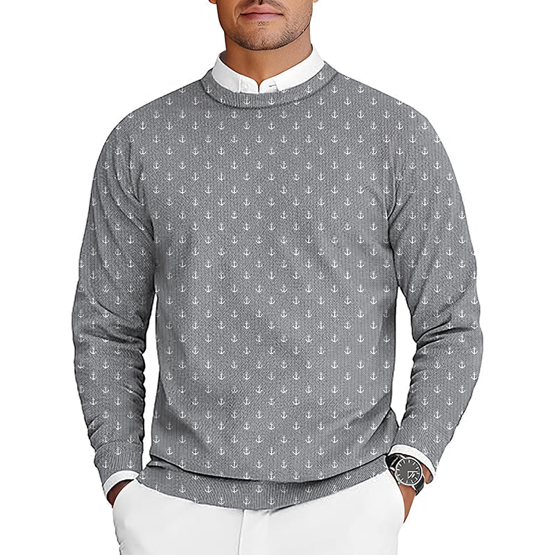 Men's light gray anchor crewneck golf pullover sweater with white anchor pattern