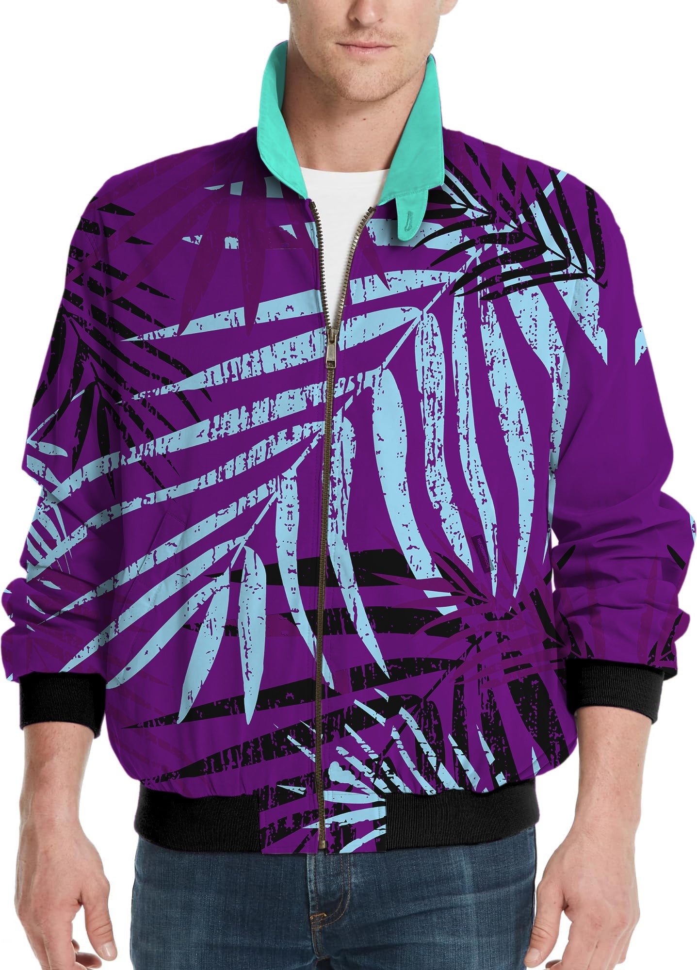 purple leaf-Men's golf windbreaker light jacket with blue leaf pattern and turquoise collar