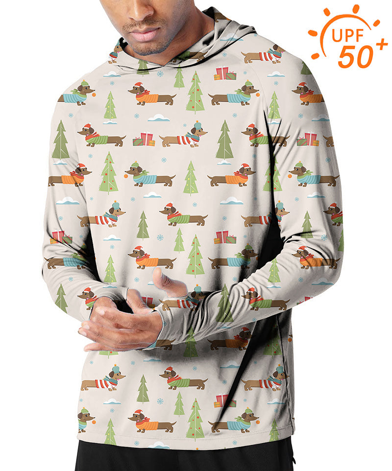 Men's Outdoor Christmas Dachshund golf slim fit hoodie with UPF 50+ sun protection and festive dachshund print