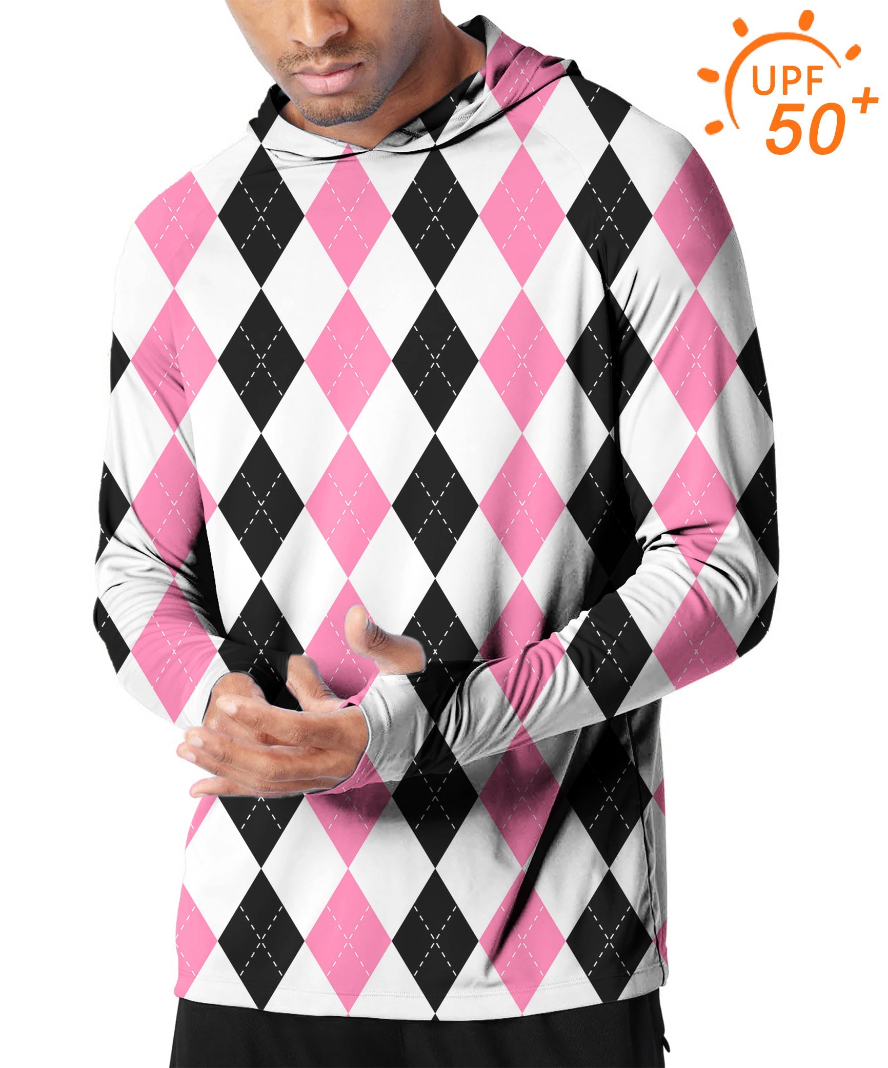 Men's outdoor golf hoodie with pink and black argyle pattern, UPF 50+ sun protection, slim fit, breathable moisture-wicking fabric