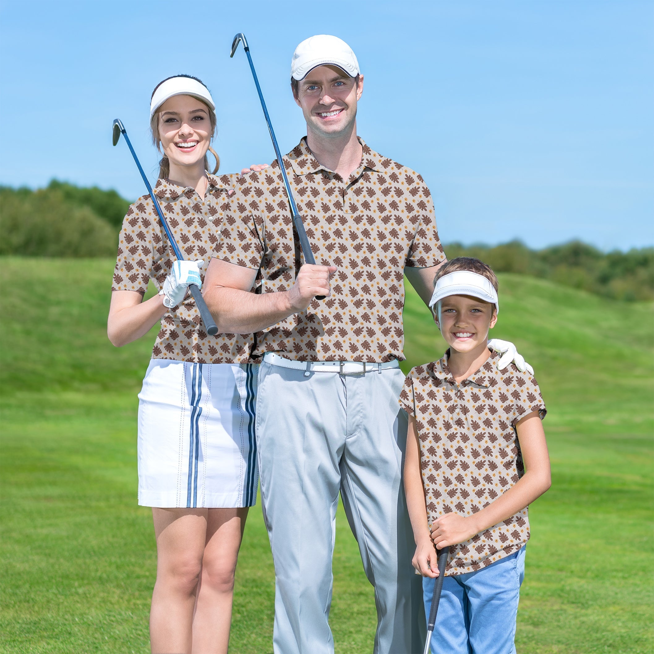 Golf polo couple family set brown palm leaf pattern on golf course
