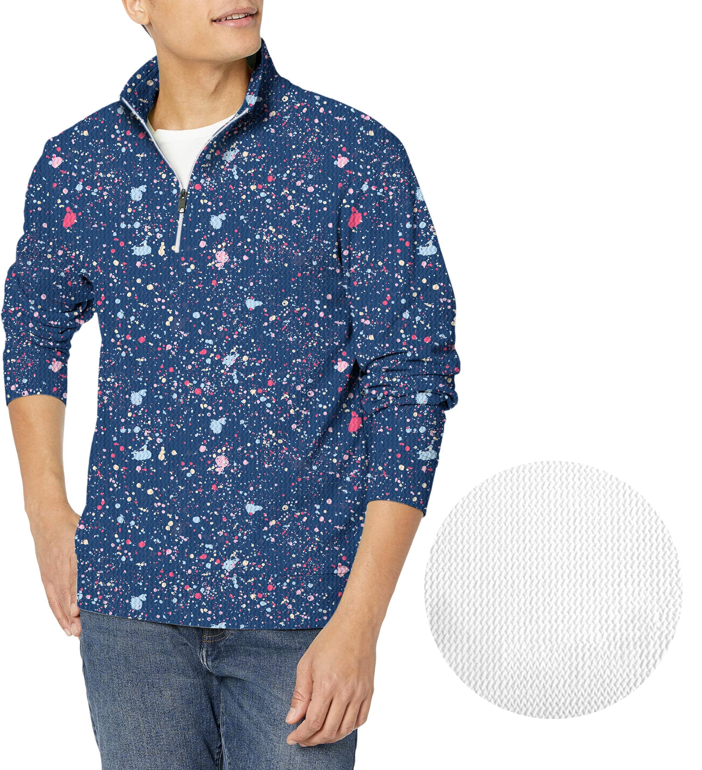 Navy Blue Ink men's golf waffle zipper pullover with ink dot pattern