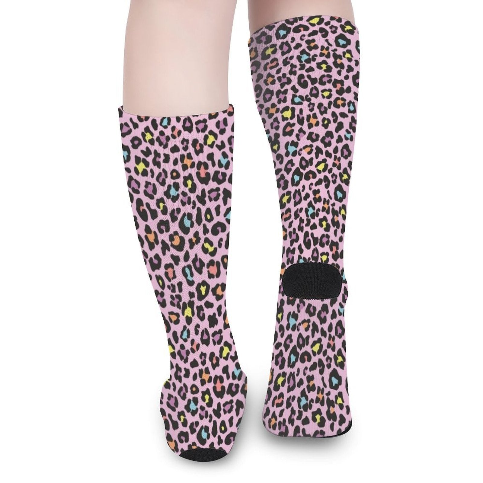 Pink leopard print crew socks with cushioned sole, stylish 3D digital design, suitable gift for men and women