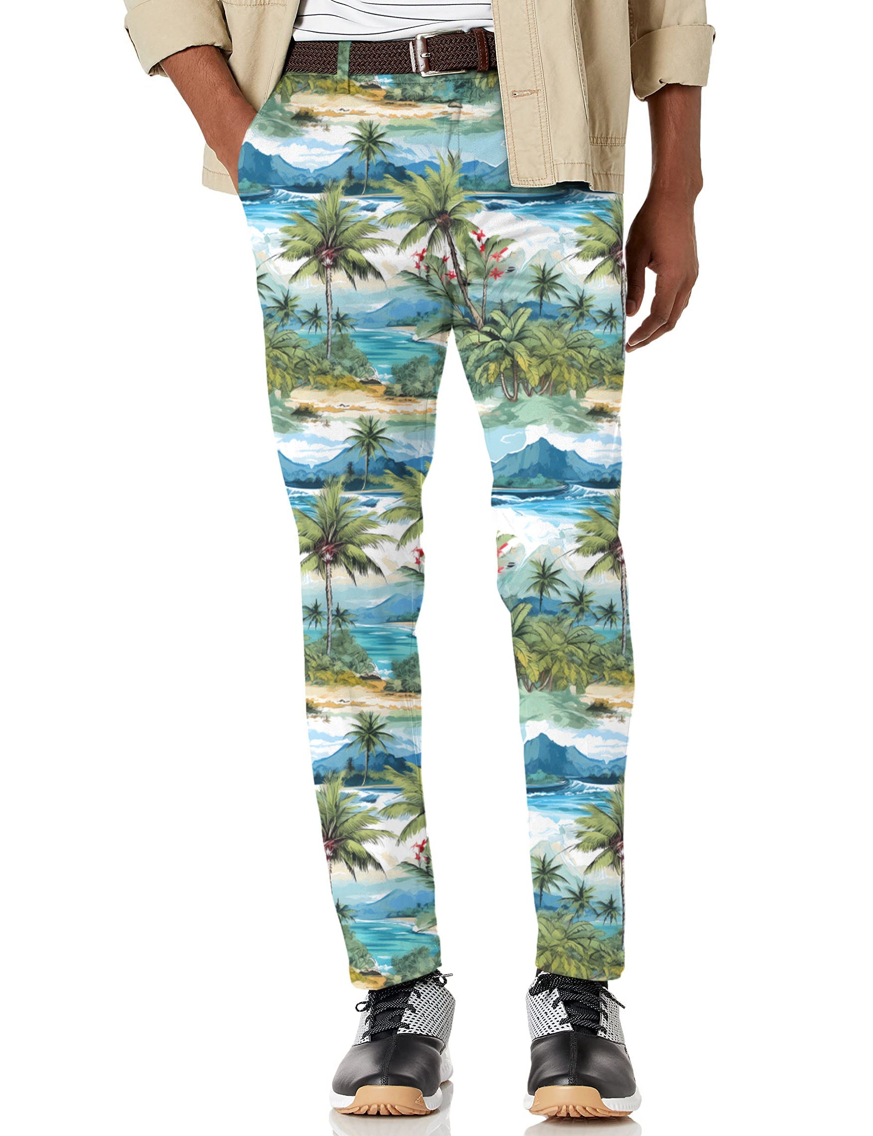 Men's Hawaii palm tree stretch golf pants with moisture-wicking fabric and active waistband