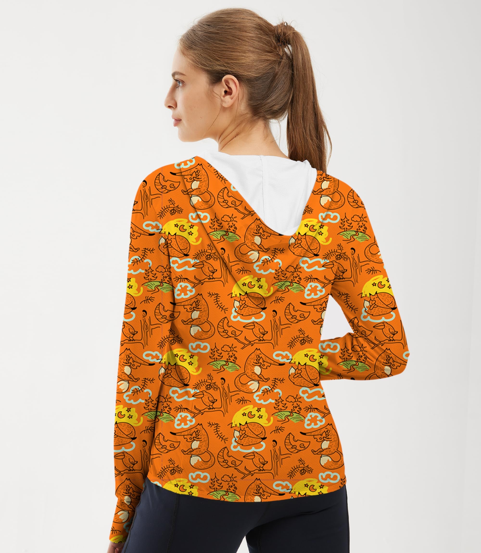 Women's outdoor slim fit zip hoodie with lazy fox print and sun protection fabric