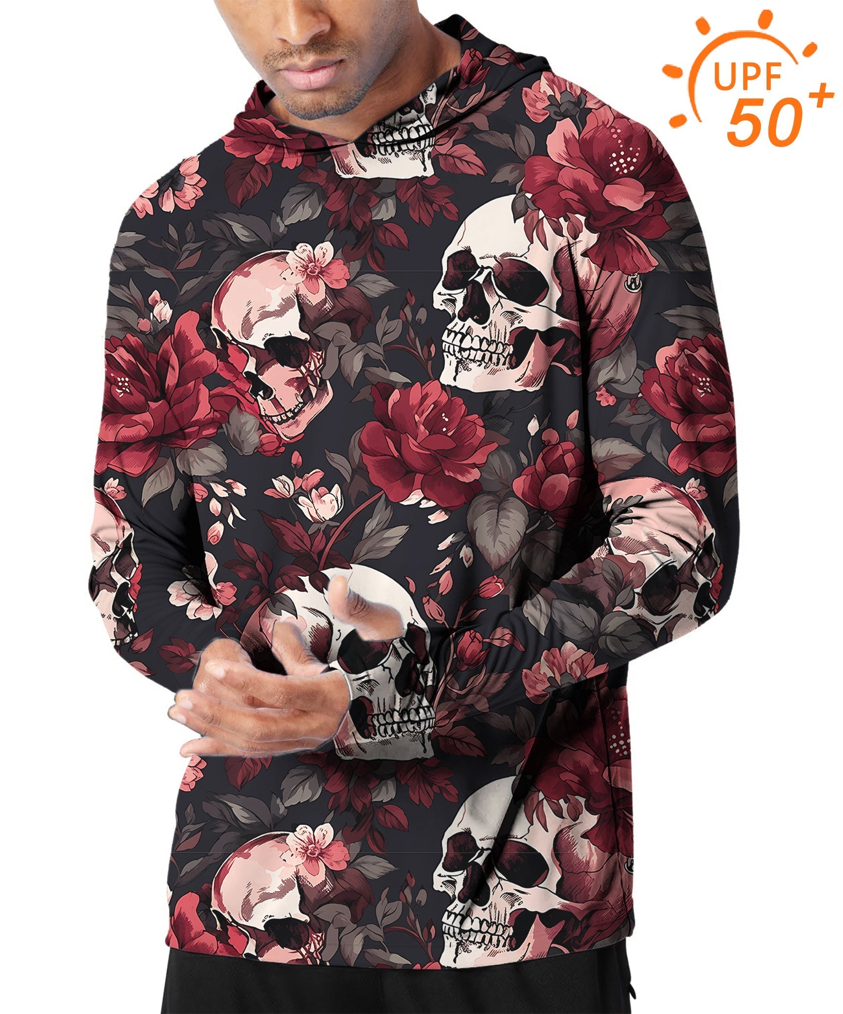 Men's outdoor Halloween floral skull slim fit hoodie with UPF 50+ sun protection and breathable fabric