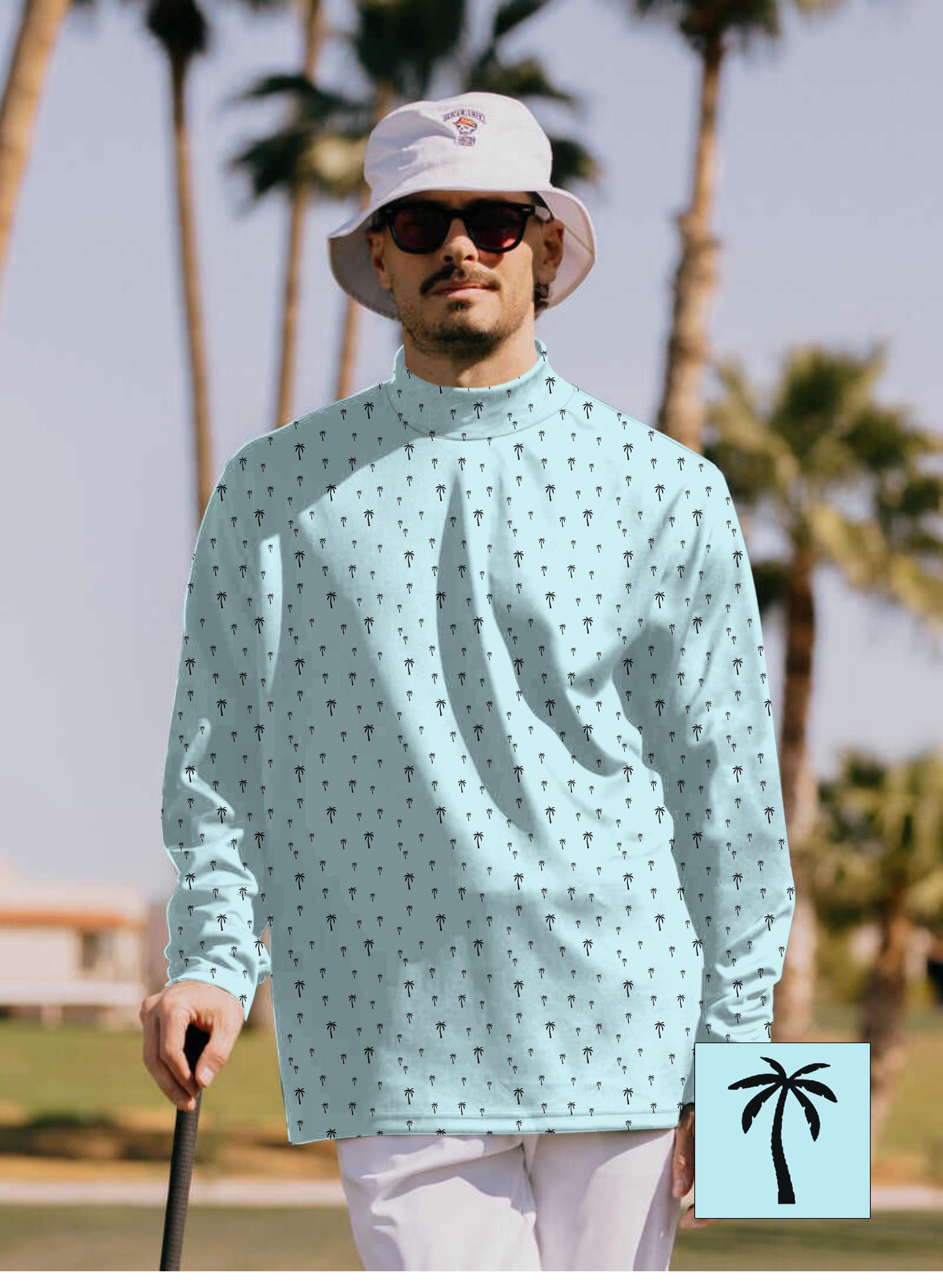 Men's light blue palm pullover high neck long sleeve golf shirt with custom print