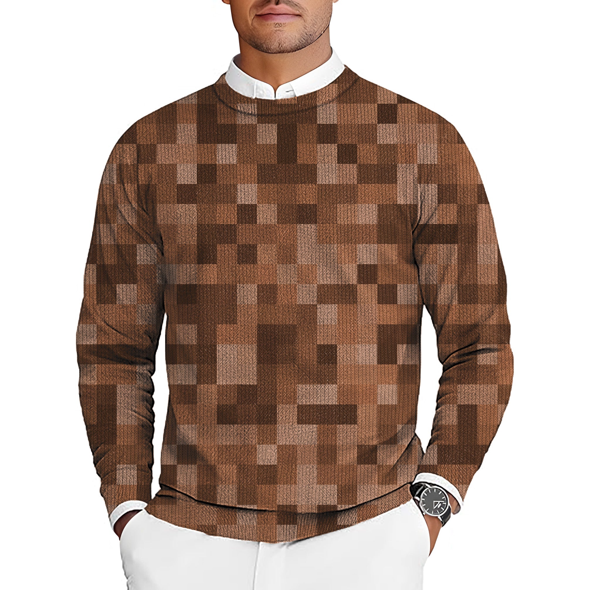 Big men's golf crewneck pullover sweater in brown pixel pattern