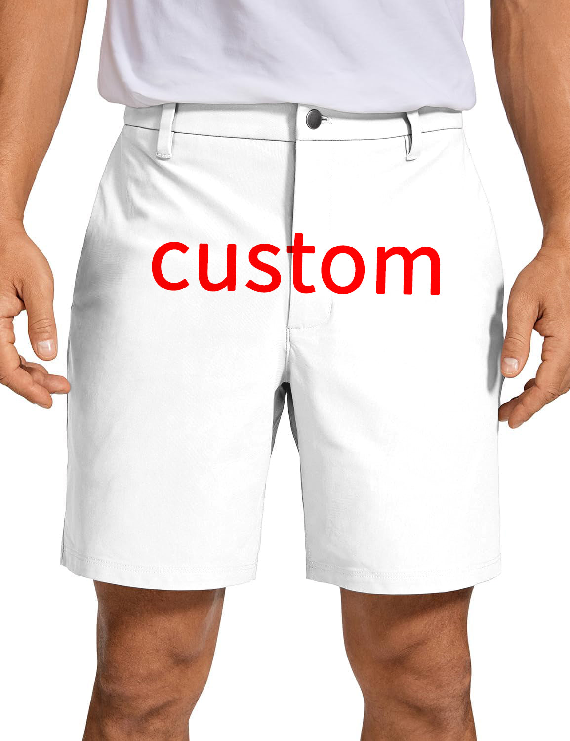 Men's custom own logo white golf shorts front view