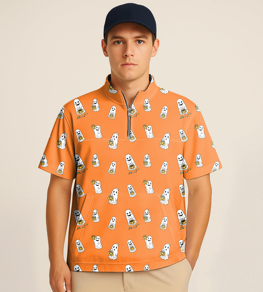 Man wearing half zipper turtleneck golf shirt with Halloween ghost and pumpkin basket pattern