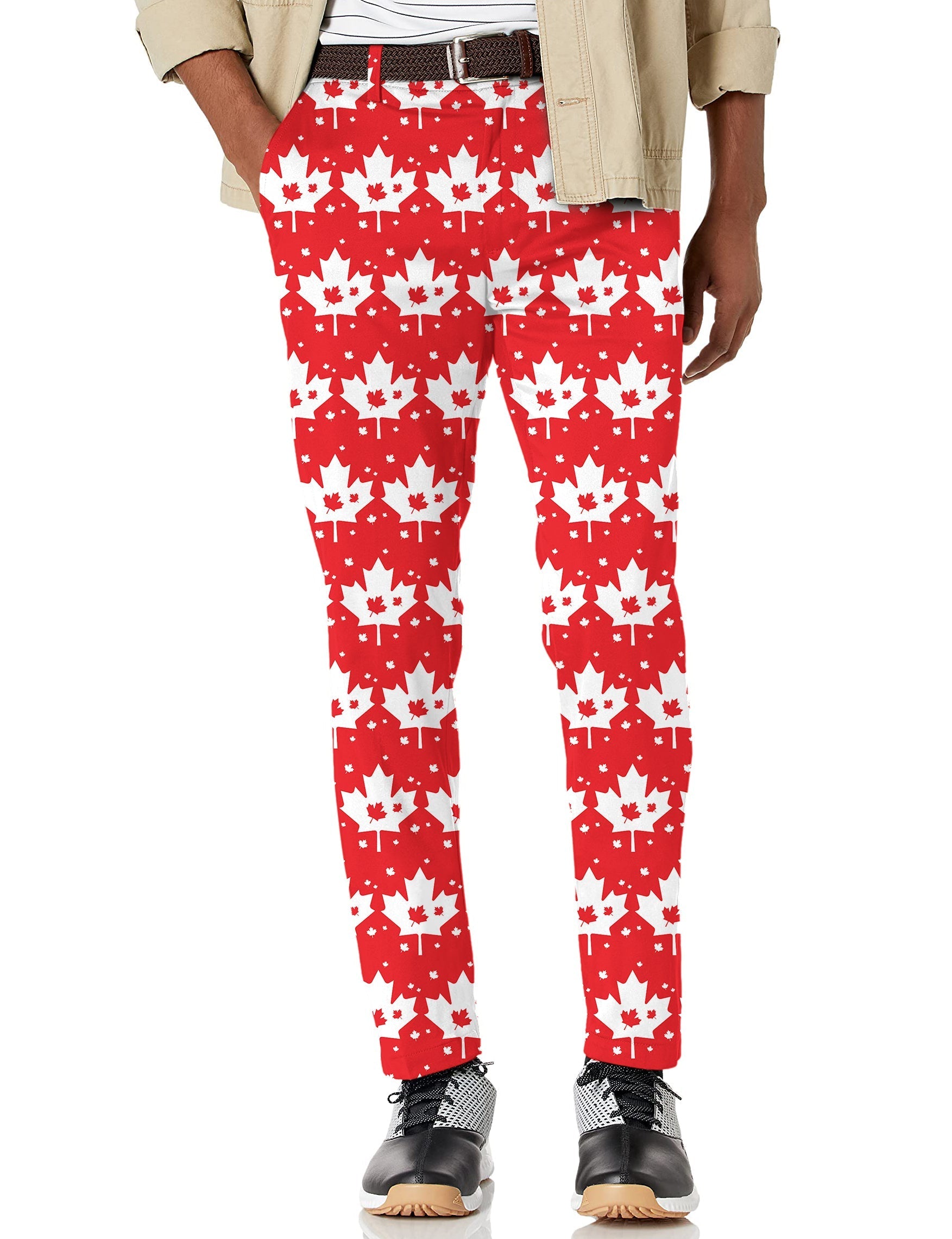 Men's Canadian Maple Leaf stretch golf pants with moisture-wicking performance fabric and active waistband