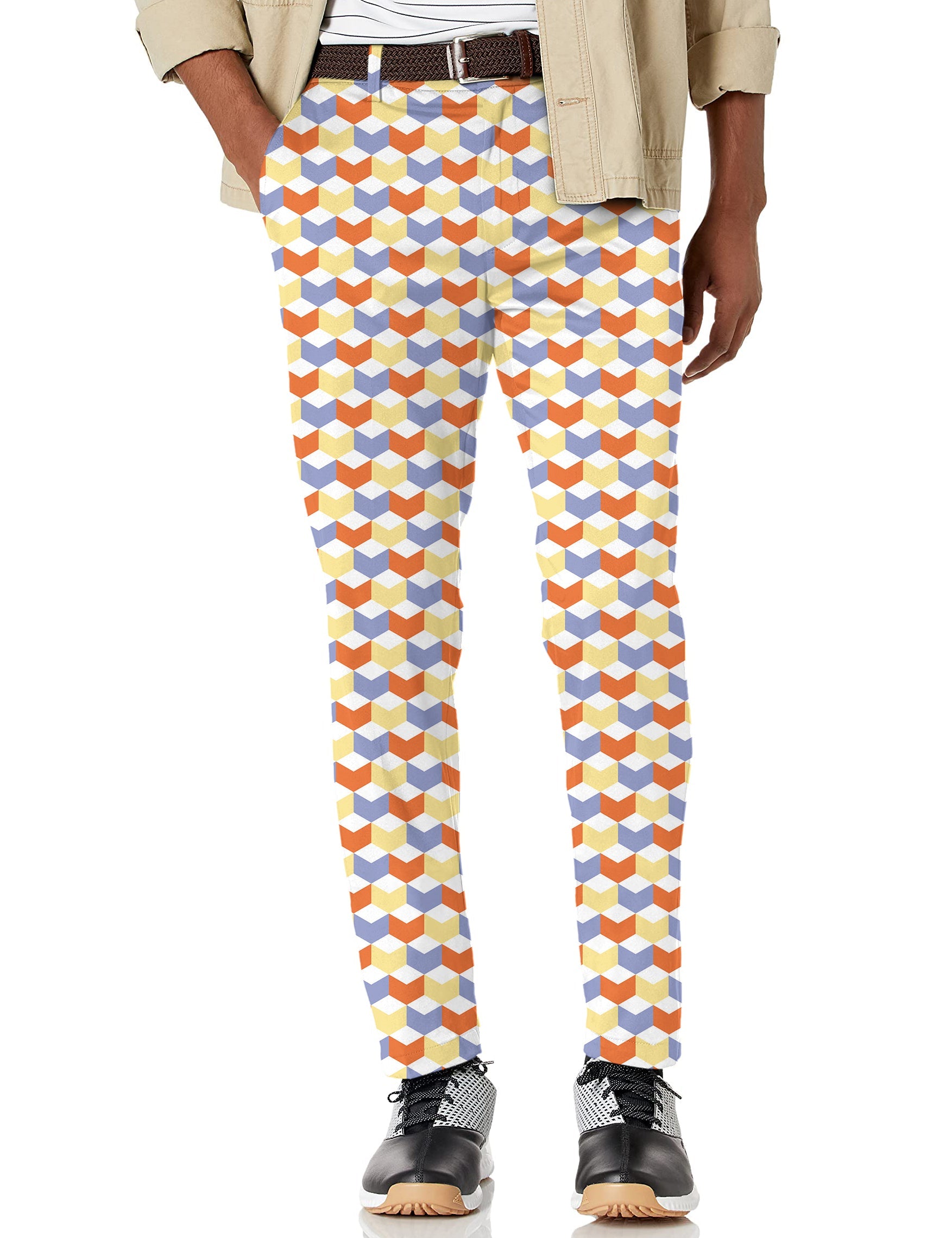 Men's colorful 3D square box stretch golf pants with moisture-wicking fabric and active waistband