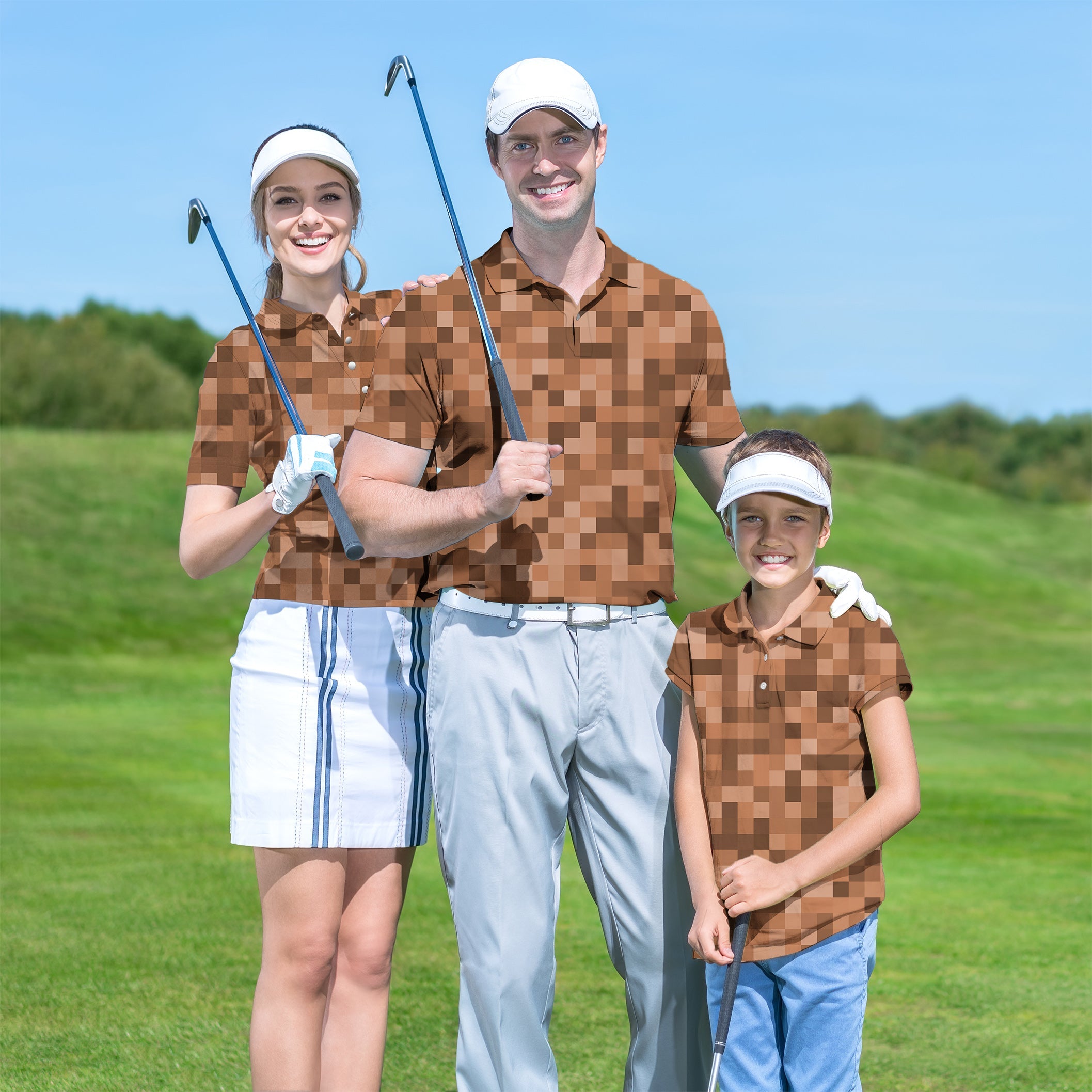 Family wearing matching brown pixel pattern golf shirts from Family Brown Pixel Big set on golf course