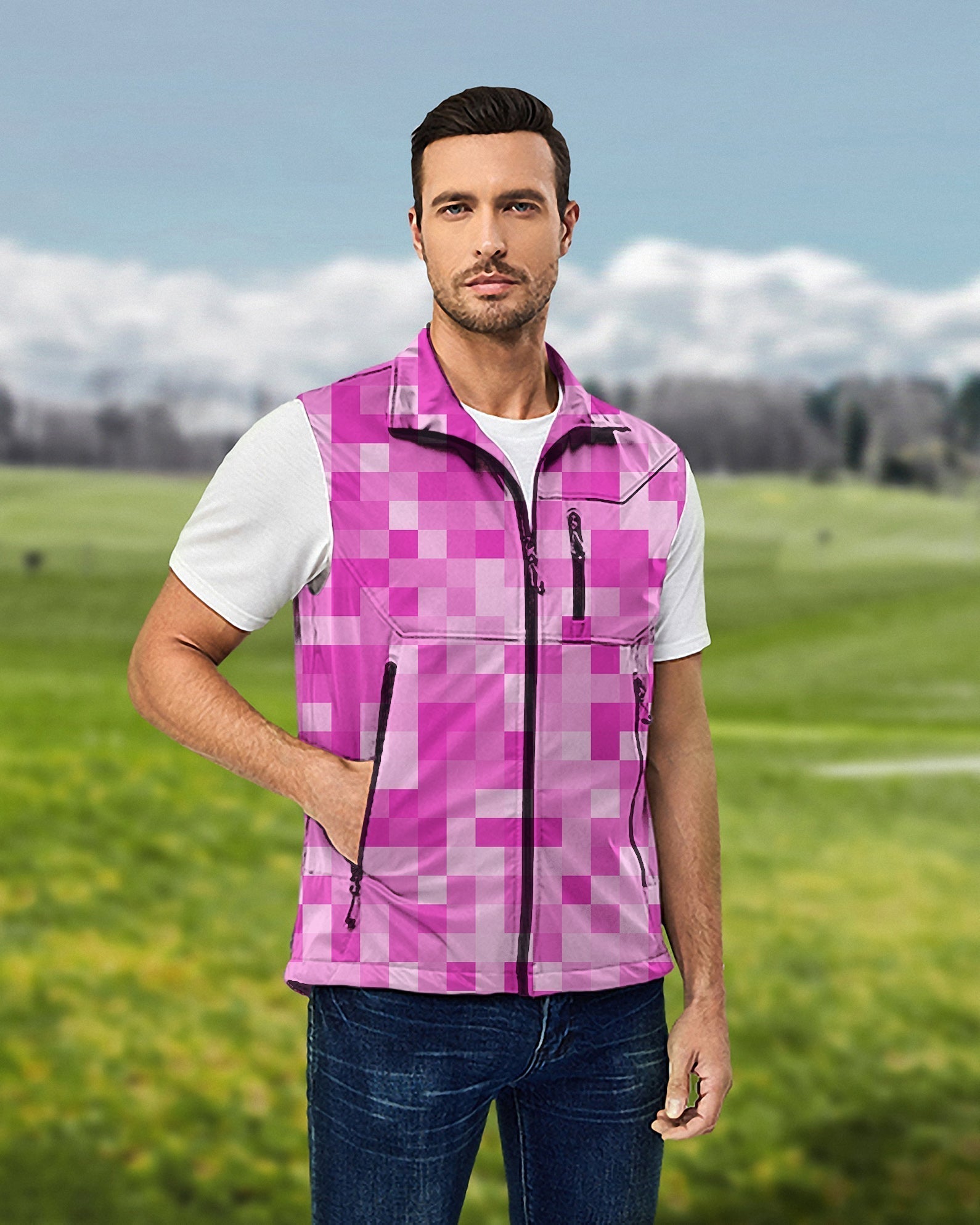 Men's rose red pixel sleeveless softshell vest for golf with windproof and waterproof features