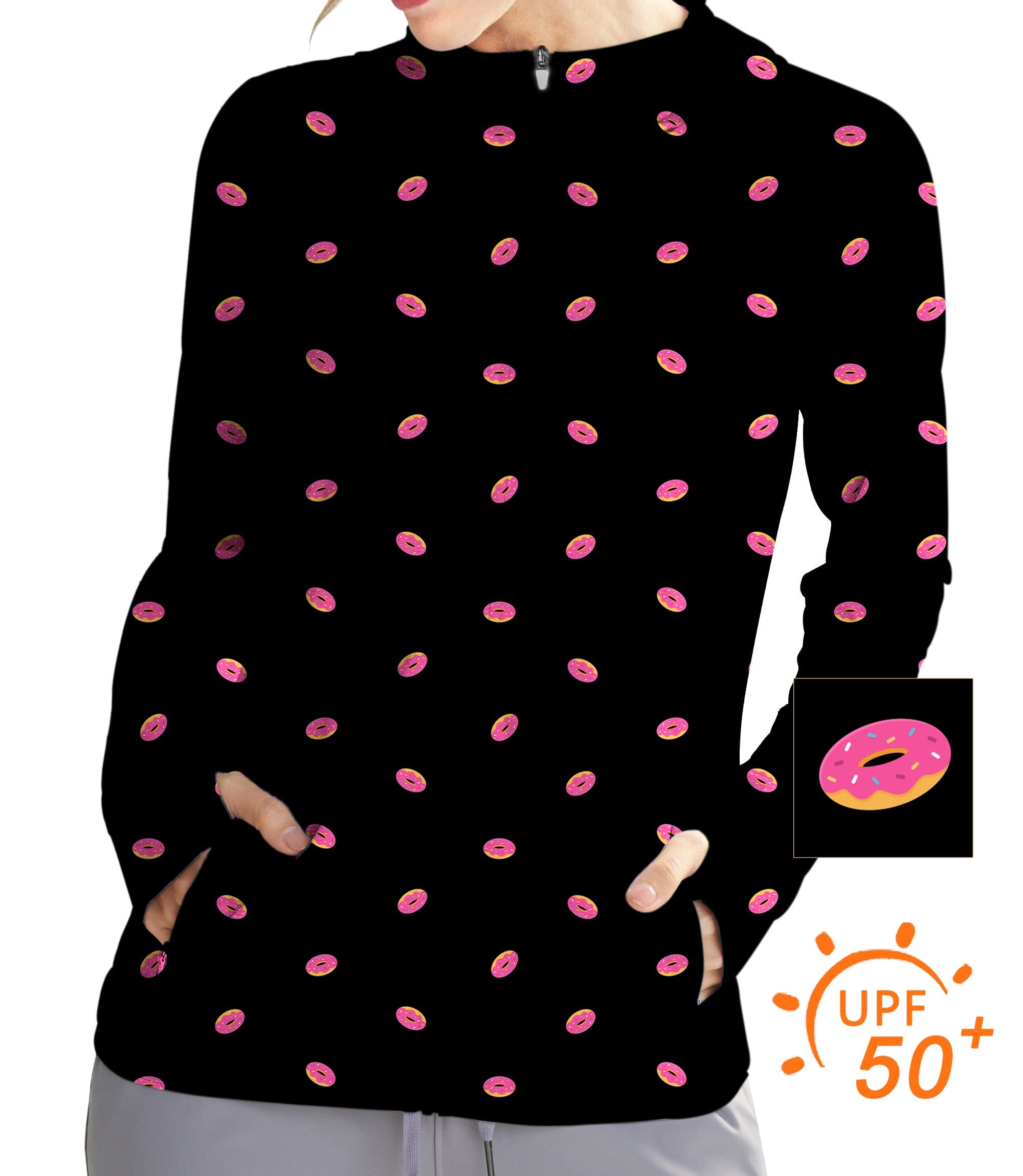Women's outdoor slim fit zip hoodie with pink donut pattern, UPF 50+ sun protection, breathable and quick-dry fabric