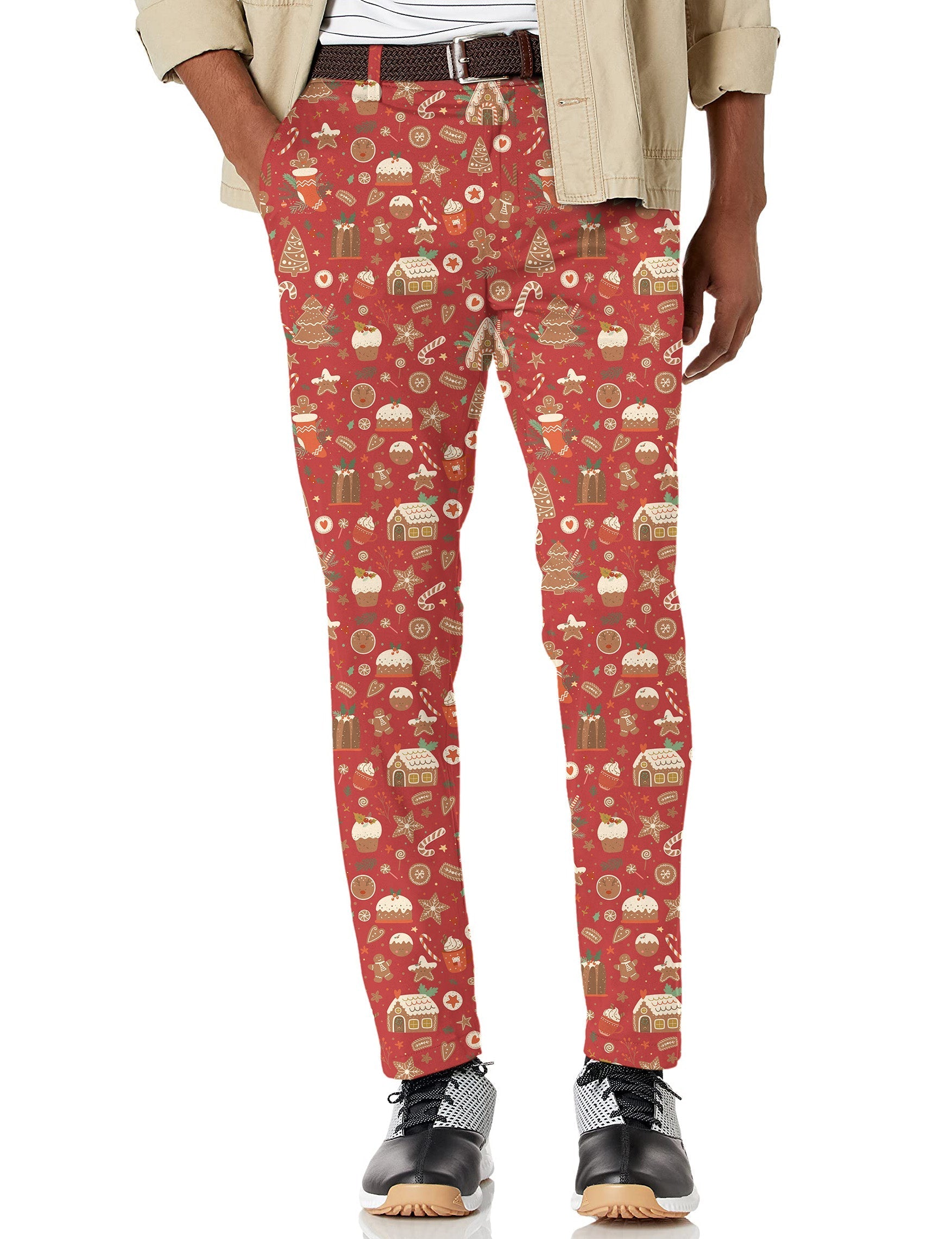 Men's red Christmas candy house stretch golf pants with holiday pattern and moisture-wicking fabric