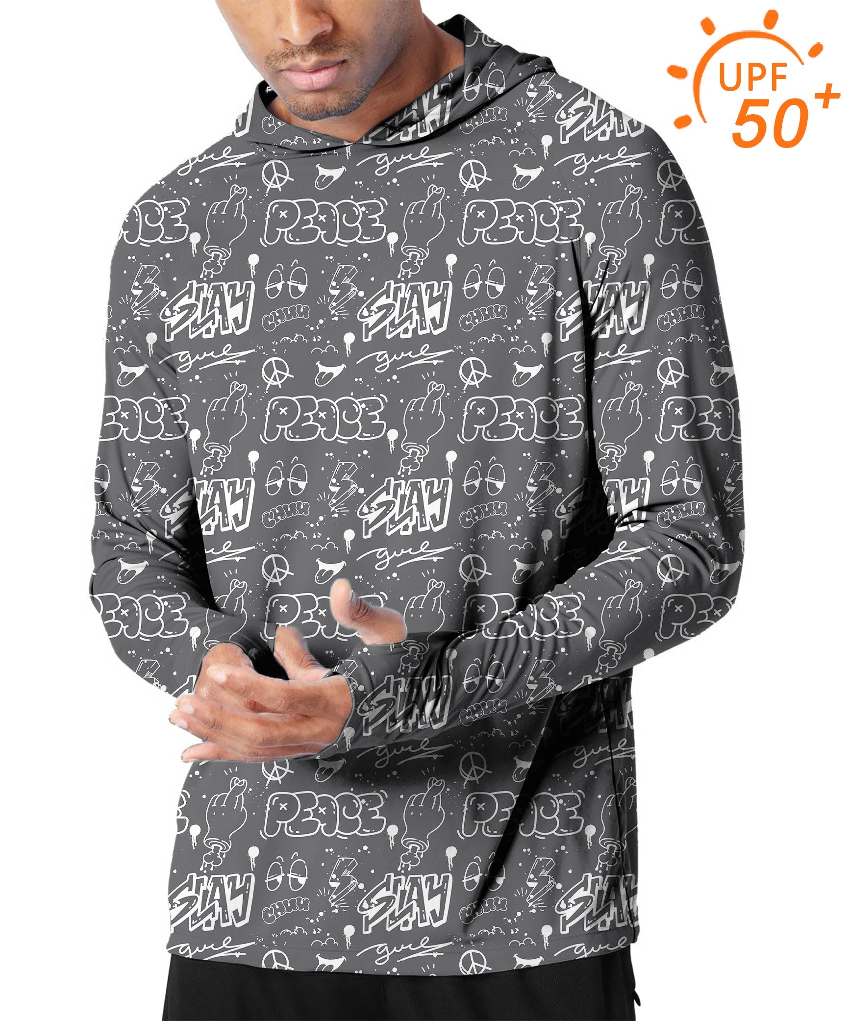 Men's Outdoor Gray Slay slim fit hoodie with UPF 50+ sun protection and unique print design