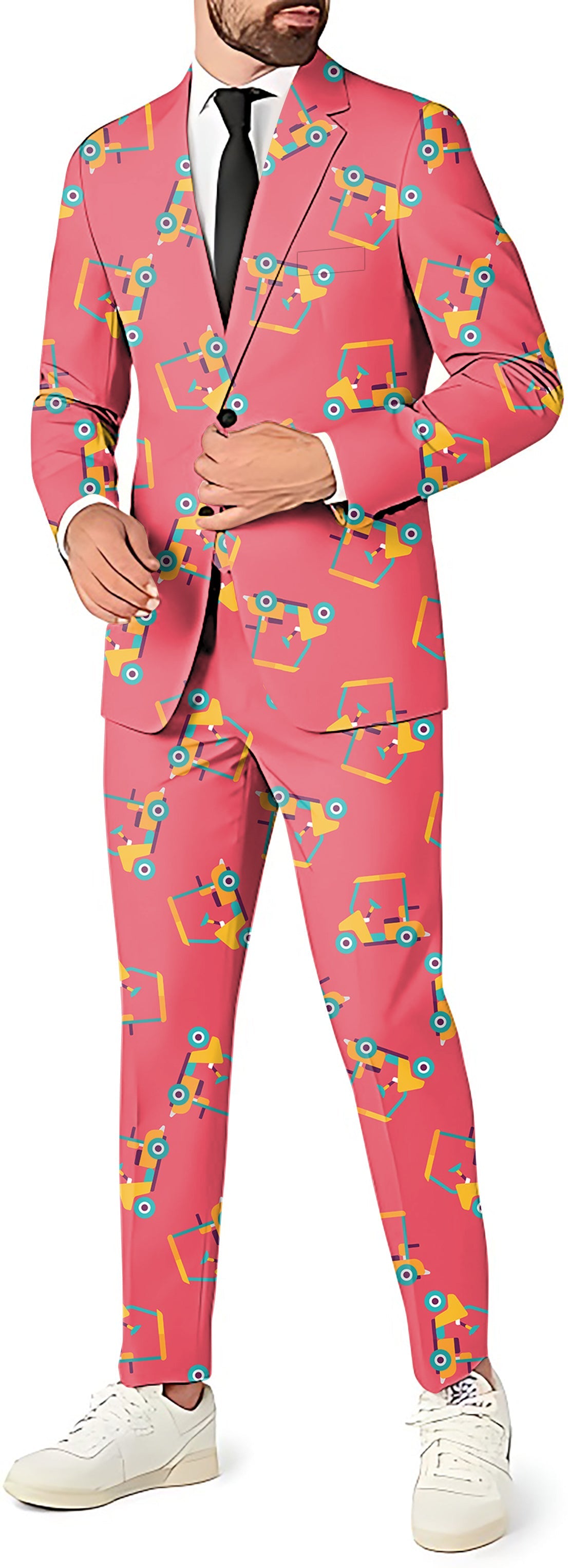 Cart Cruising Men's party costume suit with colorful golf cart pattern, slim fit blazer, pants, and vest set