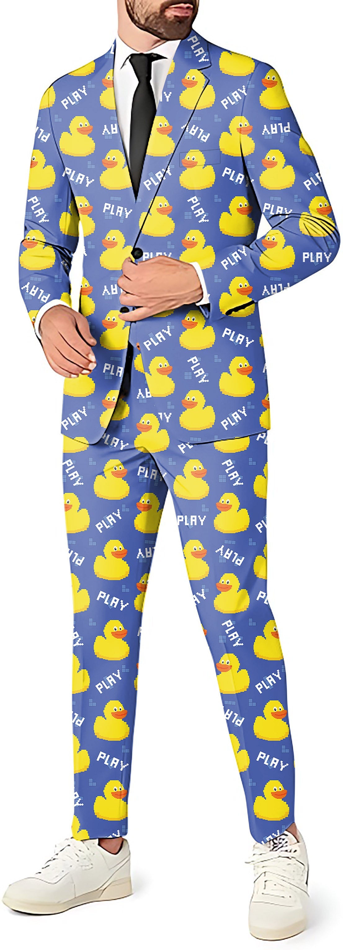 Yellow duck men?¡¥s party costume suit with blazer, pants, and vest in playful rubber duck print