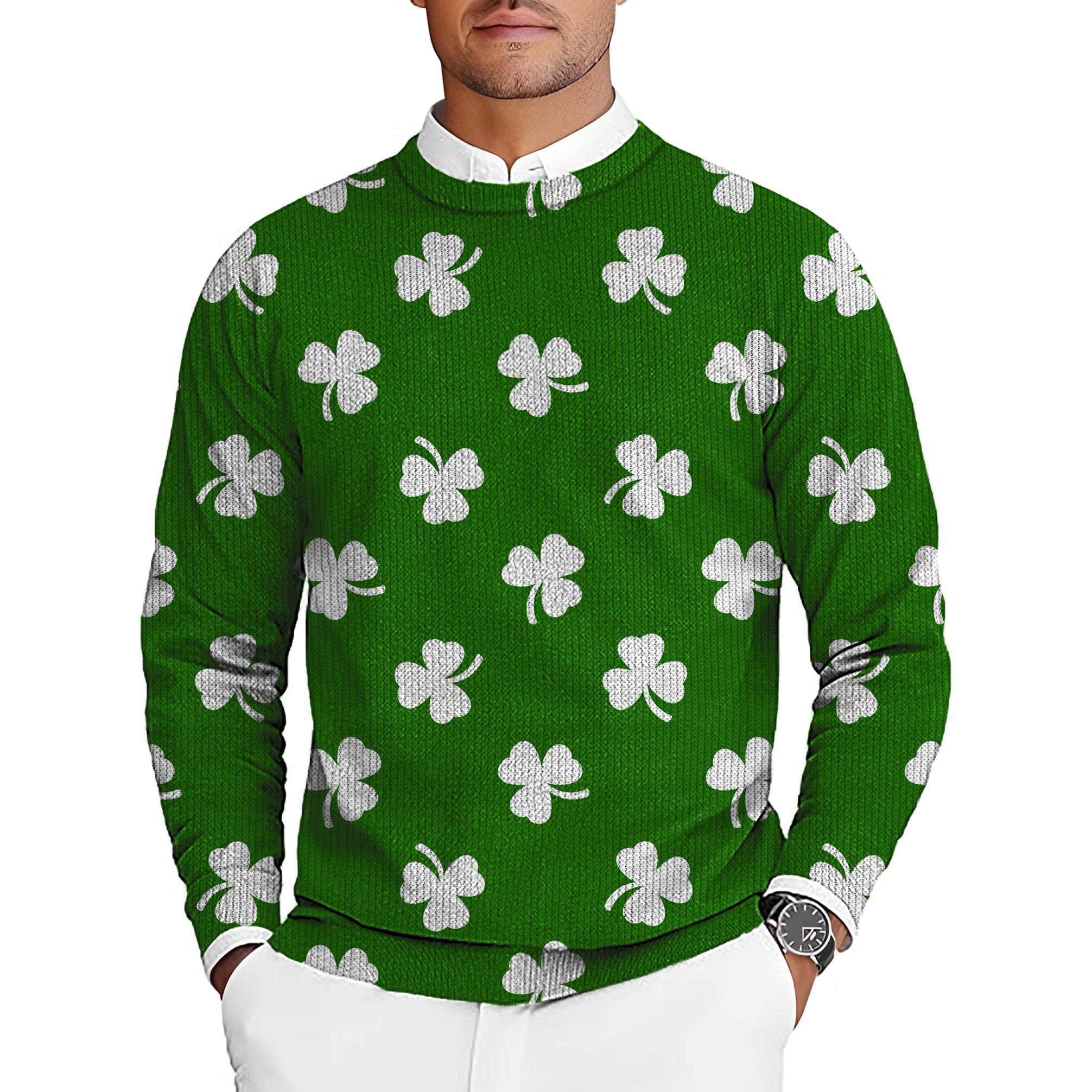 Men's green golf pullover sweater with white leaf clover pattern for St. Patrick's Day