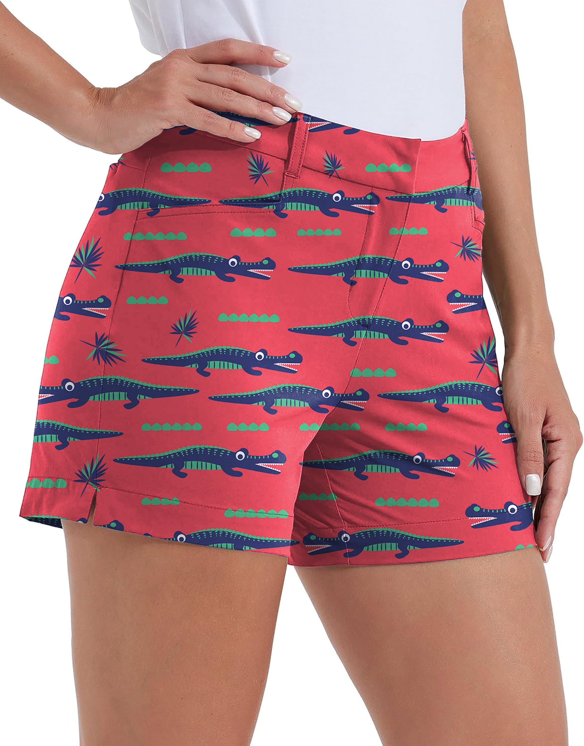 Women's quick-drying Alligator's Got My Ball golf shorts with alligator print, pockets, and comfortable stretch for outdoor casual wear