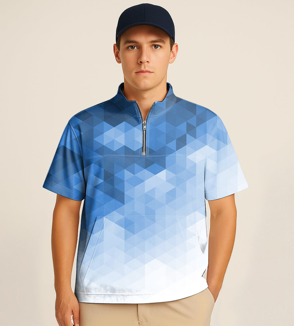 Men's Short Sleeve Quarter Zip Golf Pullover Abstract Blue Background With Triangular Pattern Embroidery