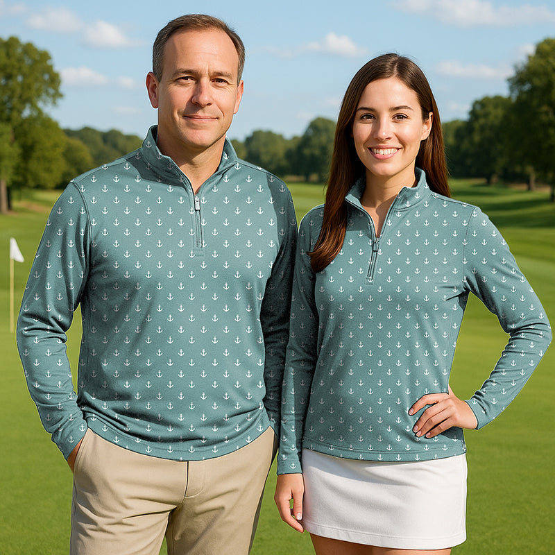 Green blue anchor couple golf active 3/4 zip tops with long sleeves on male and female models outdoors