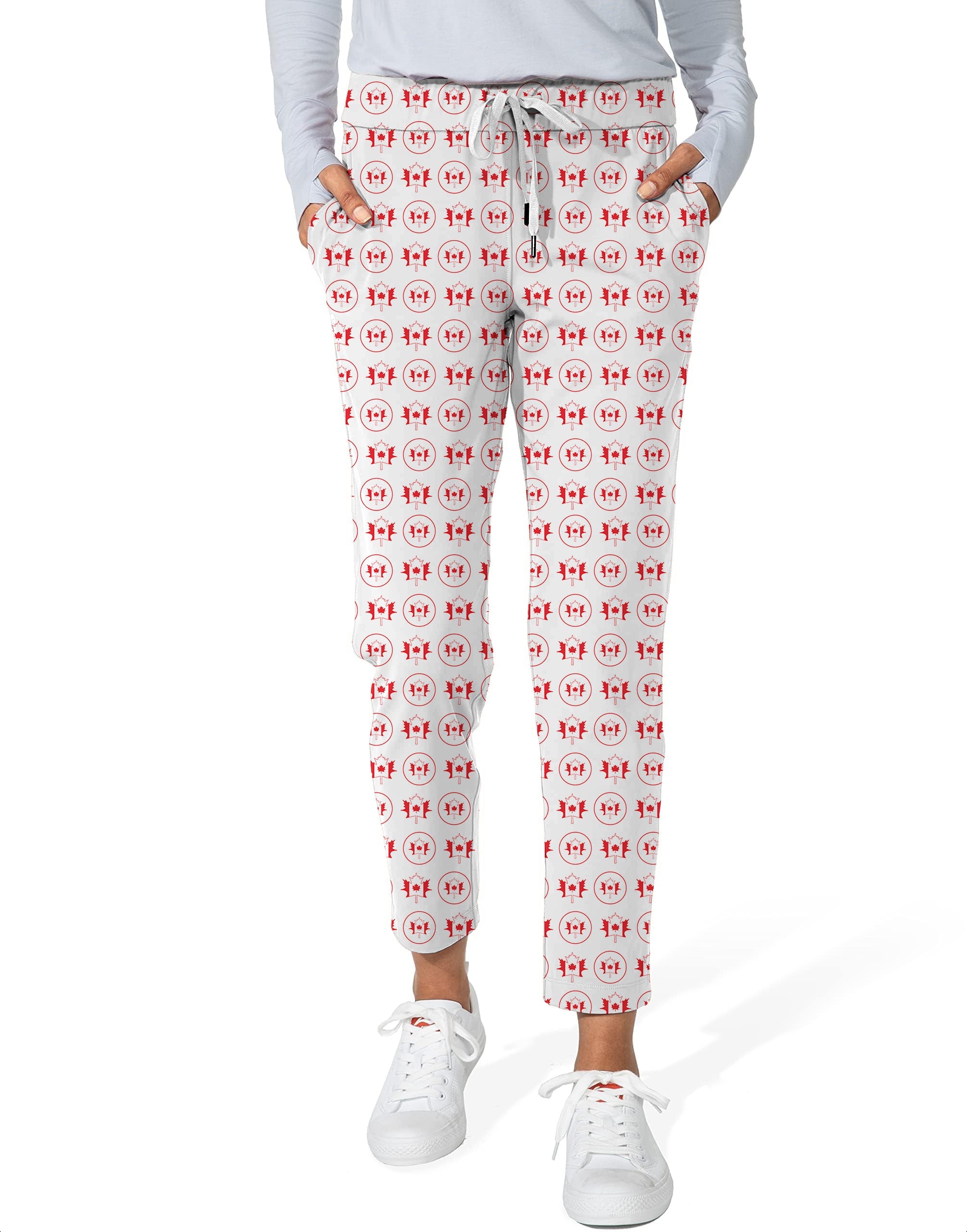 Women's 7/8 stretch ankle golf pants with Circle Canada Maple Leaves pattern