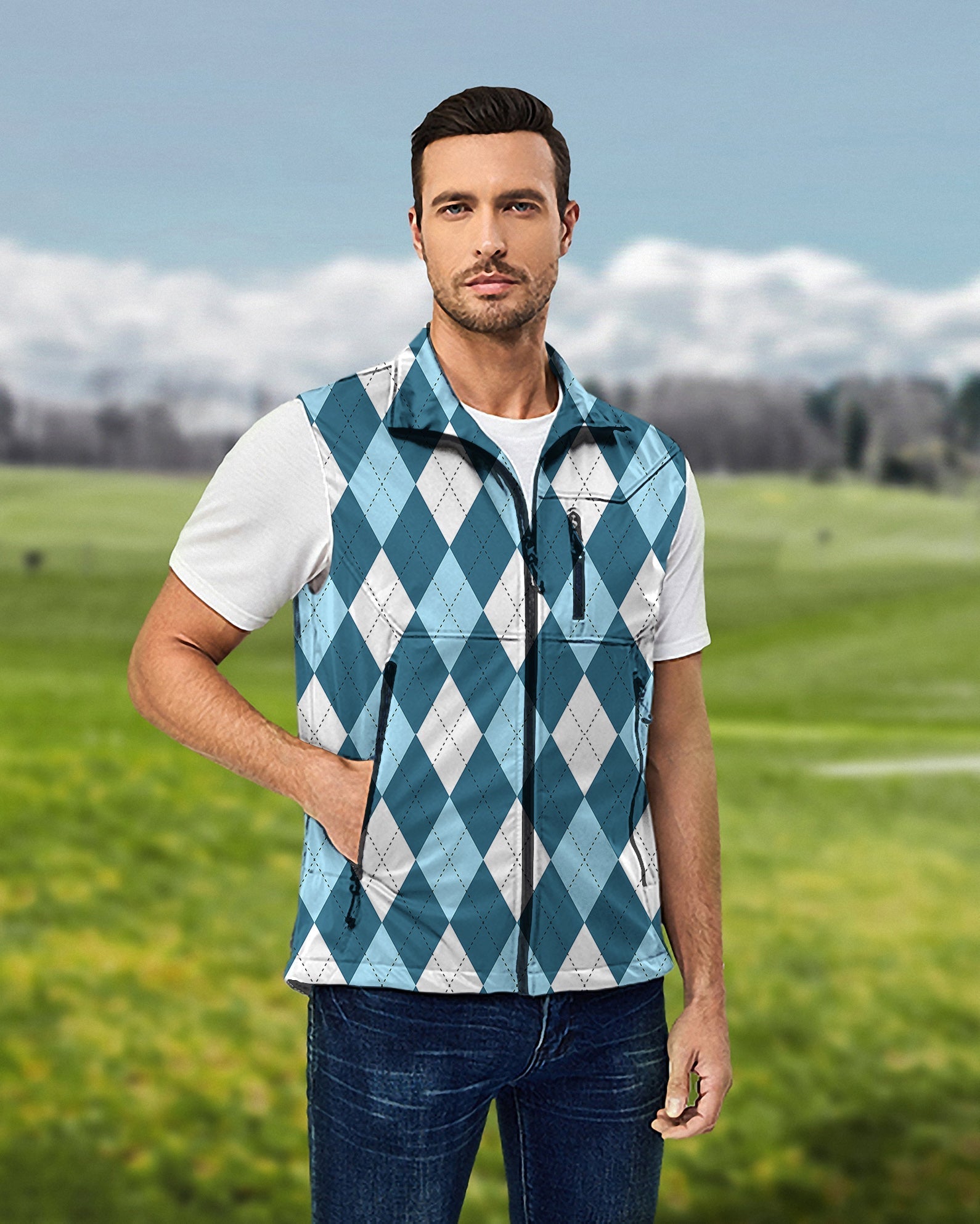 Men's diamond pattern moderate blue lightweight softshell golf vest sleeveless jacket windproof waterproof