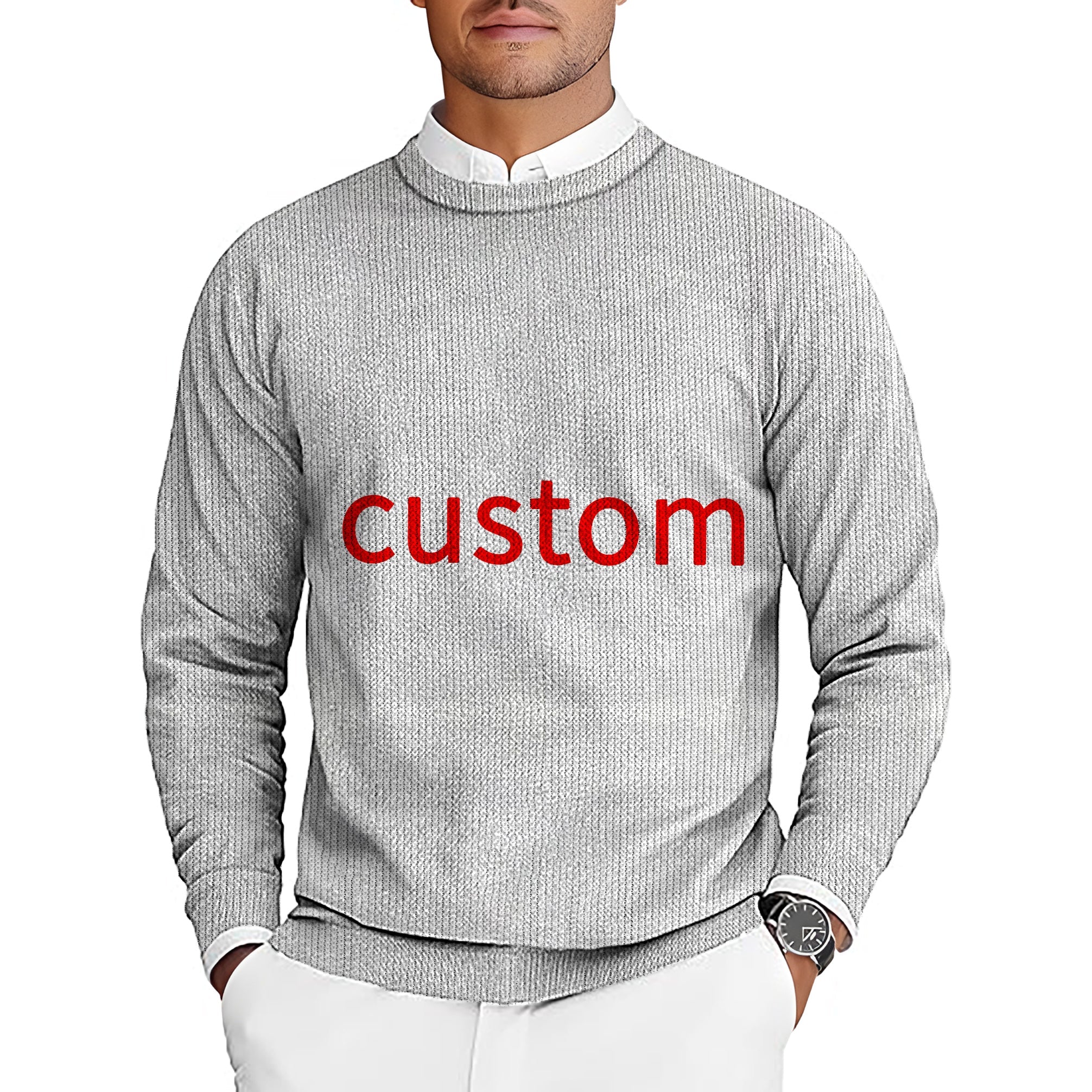 Men's gray crewneck pullover sweater with custom own logo in red text on front