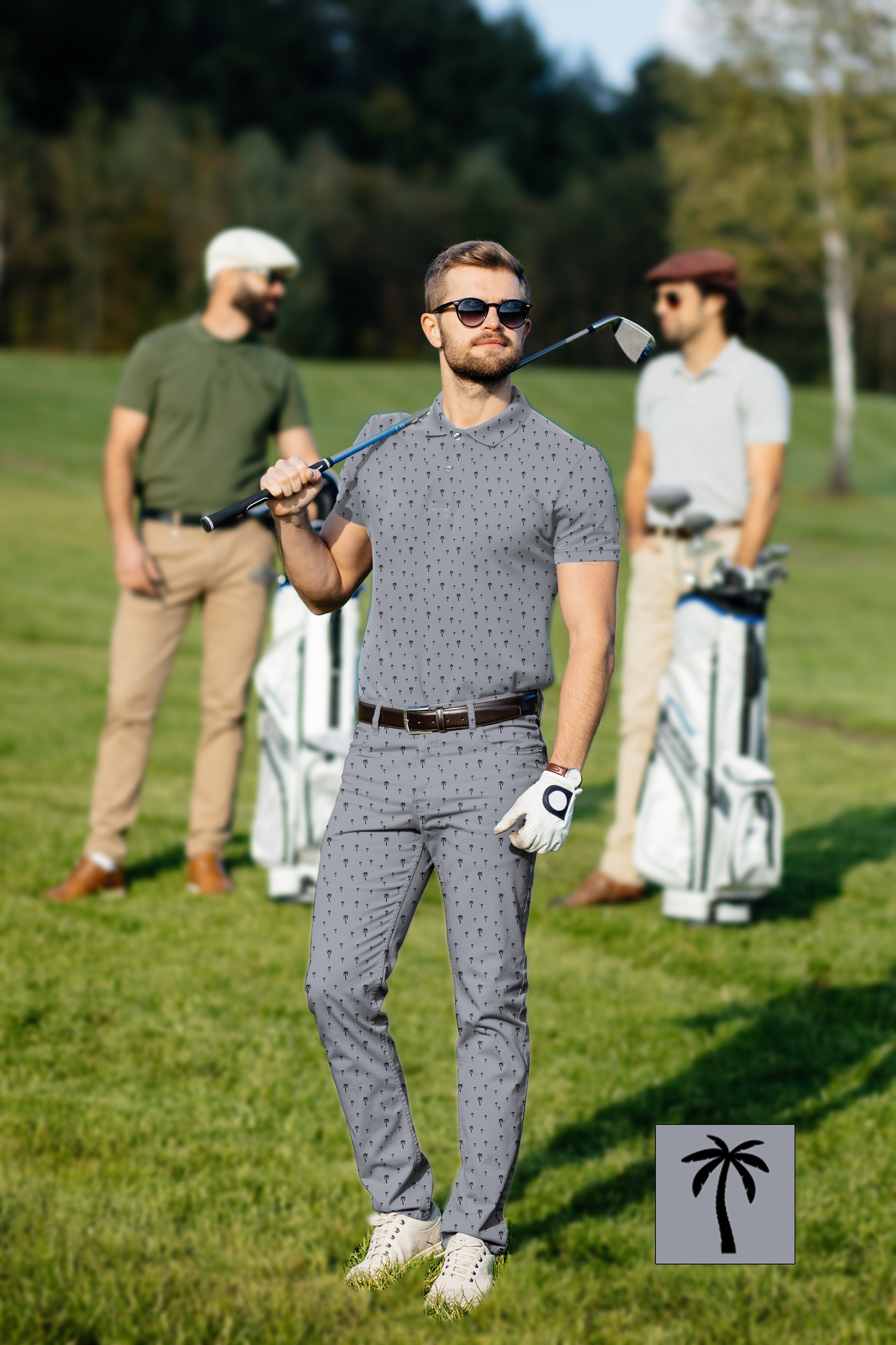 Men's Golf Set with custom polo and pants in coconut palm pattern, stylish and comfortable for golf and business casual.