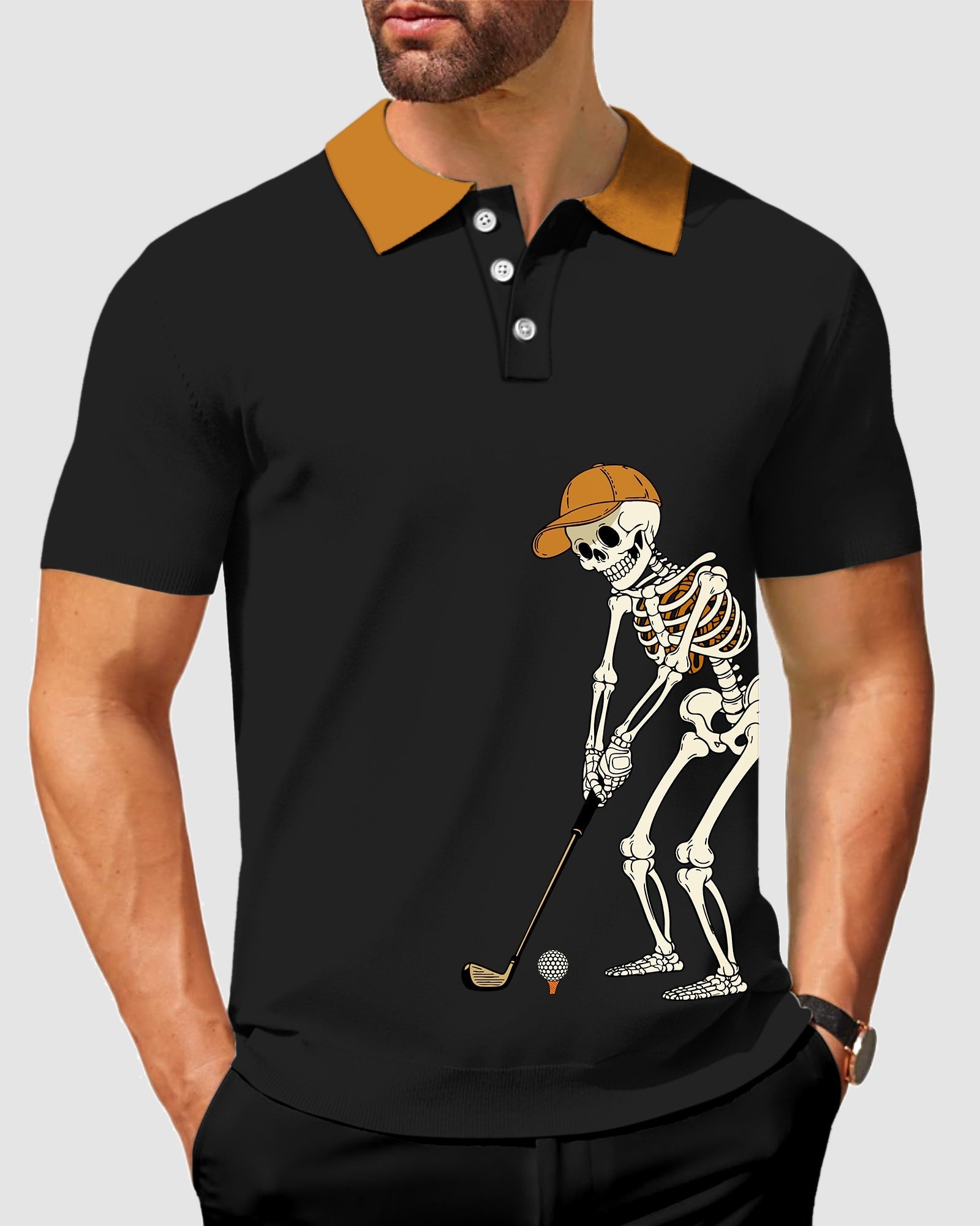 Men's Pumpkin BlackHalloween Skeleton Golf Polo with skeleton golfer graphic and pumpkin-colored collar