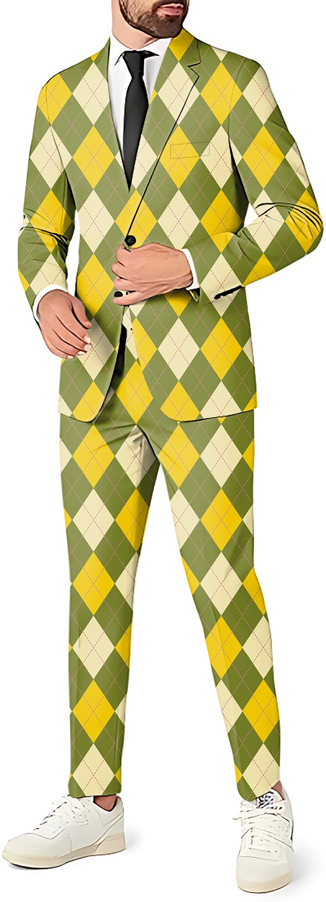 Yollow Argyle men's slim fit party costume suit set with blazer, pants, and vest in yellow and green argyle pattern
