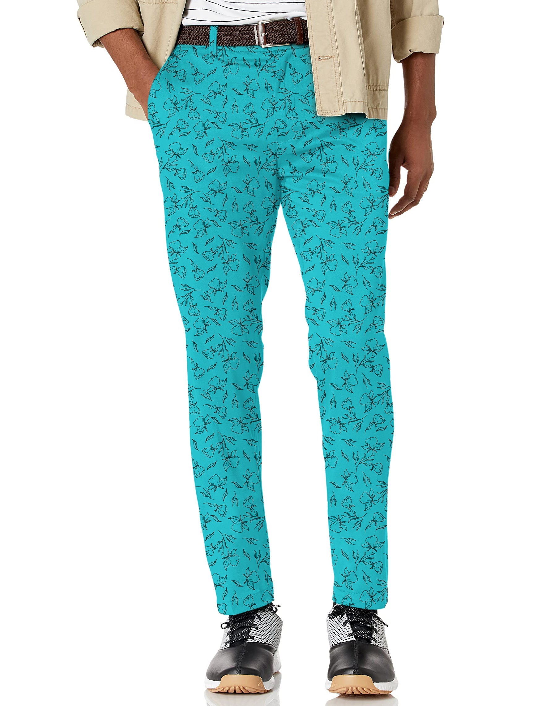 Men's flowers teal stretch golf pants with floral pattern and performance fabric