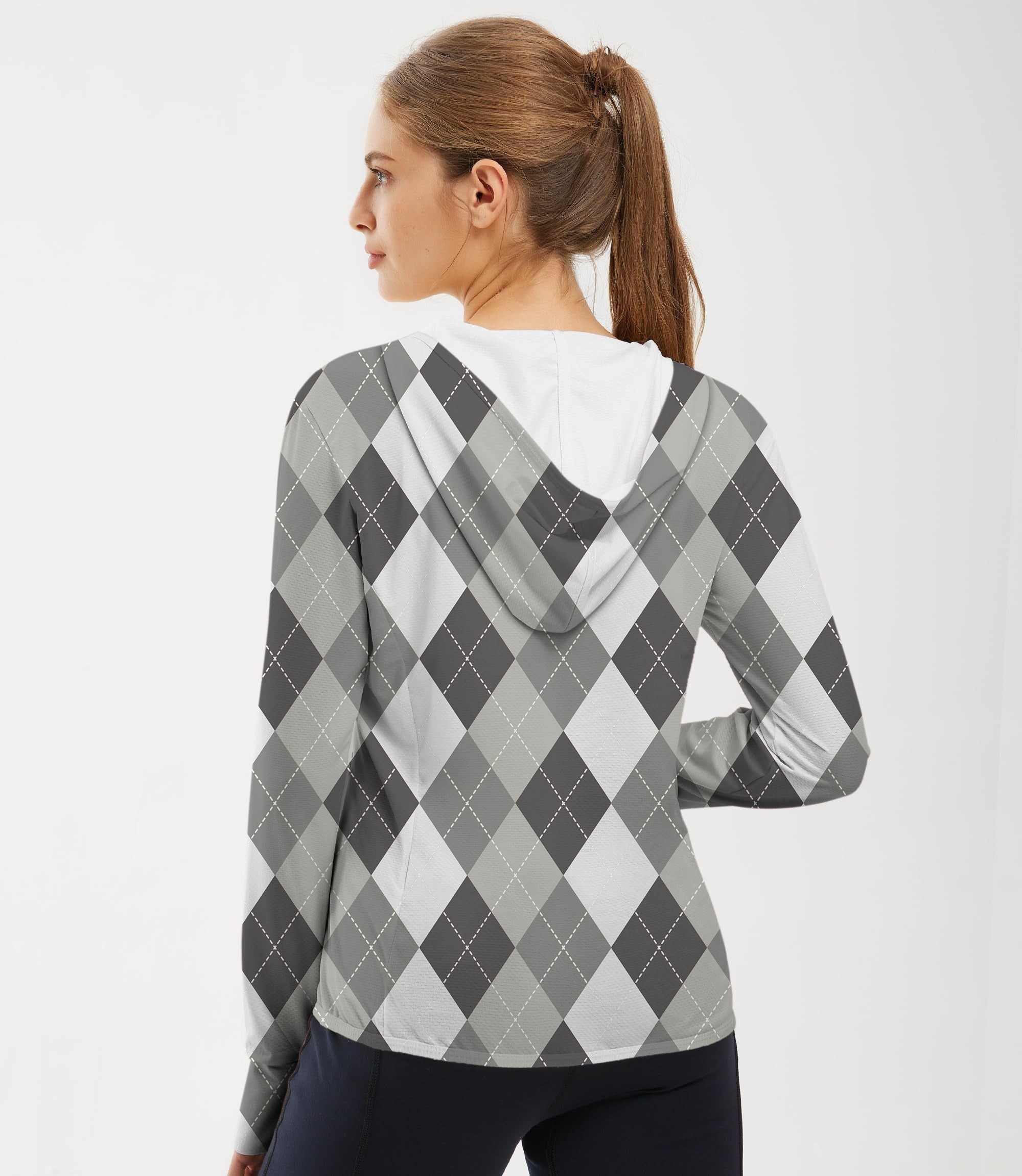 Women's outdoor grey argyle slim fit zip hoodie with UV protection and thumb holes for sun safety
