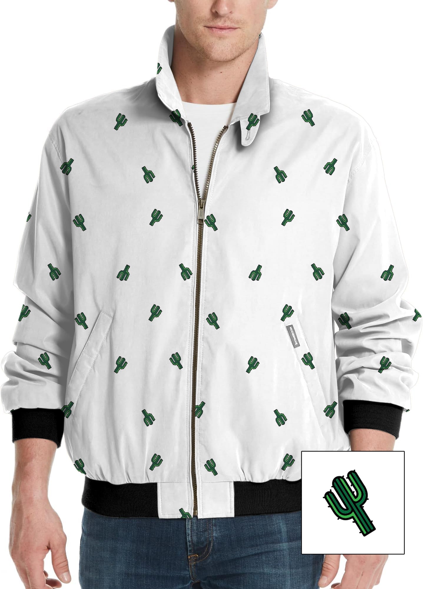 Men's Cactus Custom white golf windbreaker jacket with green cactus prints and black cuffs