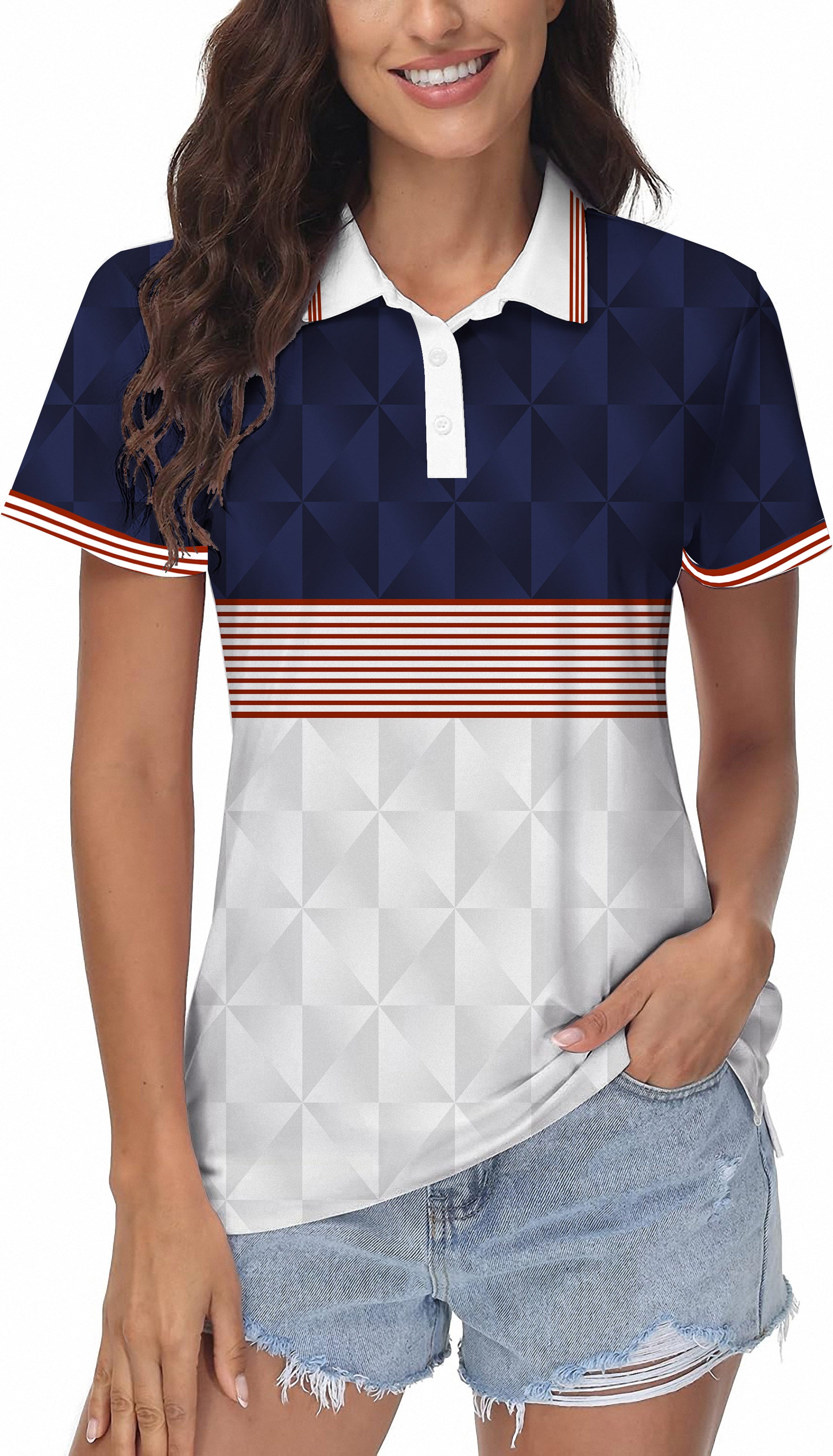 Women's stripe splicing golf polo with custom logo option, moisture-wicking fabric, UPF 40+, and classic fit