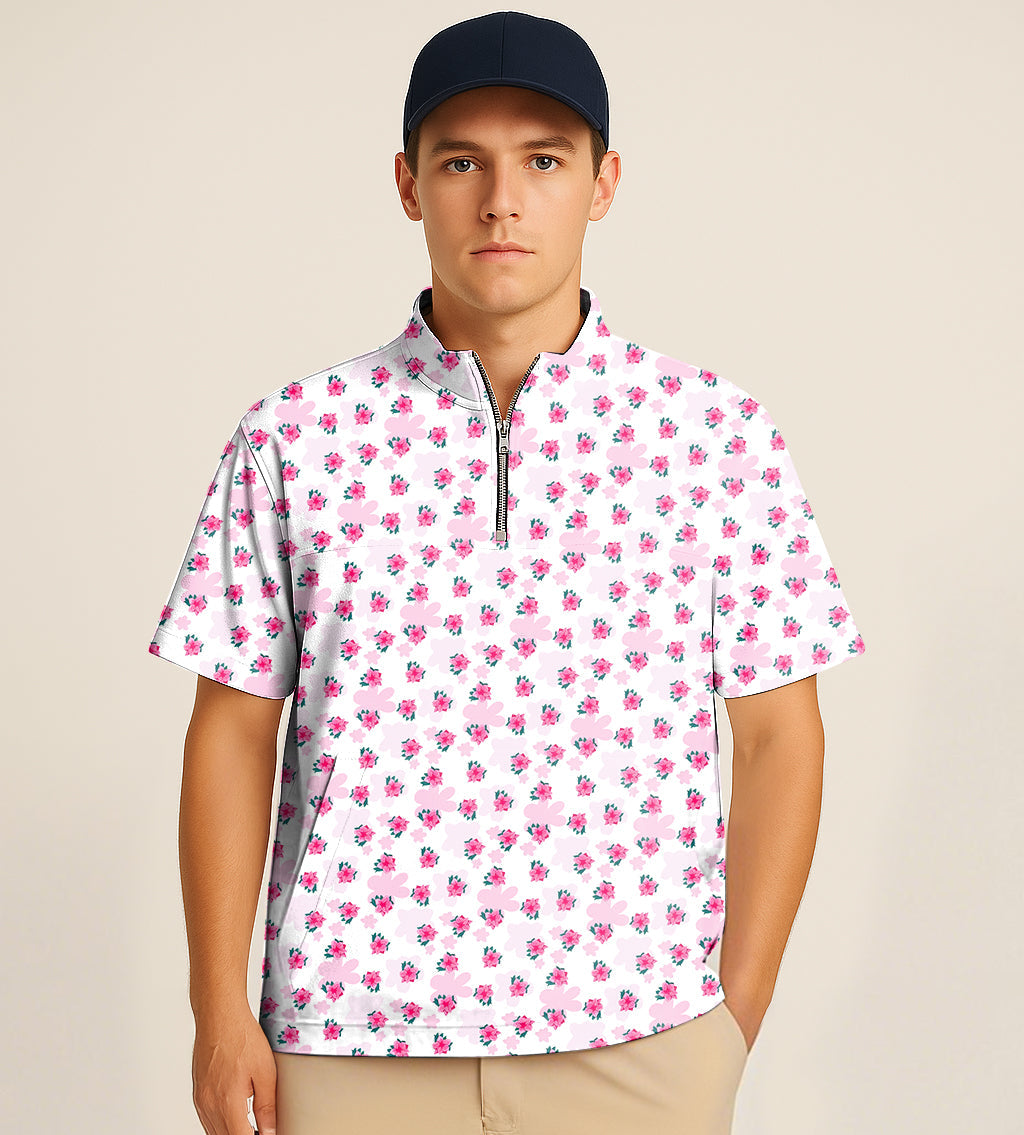 Half zipper turtleneck golf shirt with azalea flower embroidery and short sleeves worn by male model