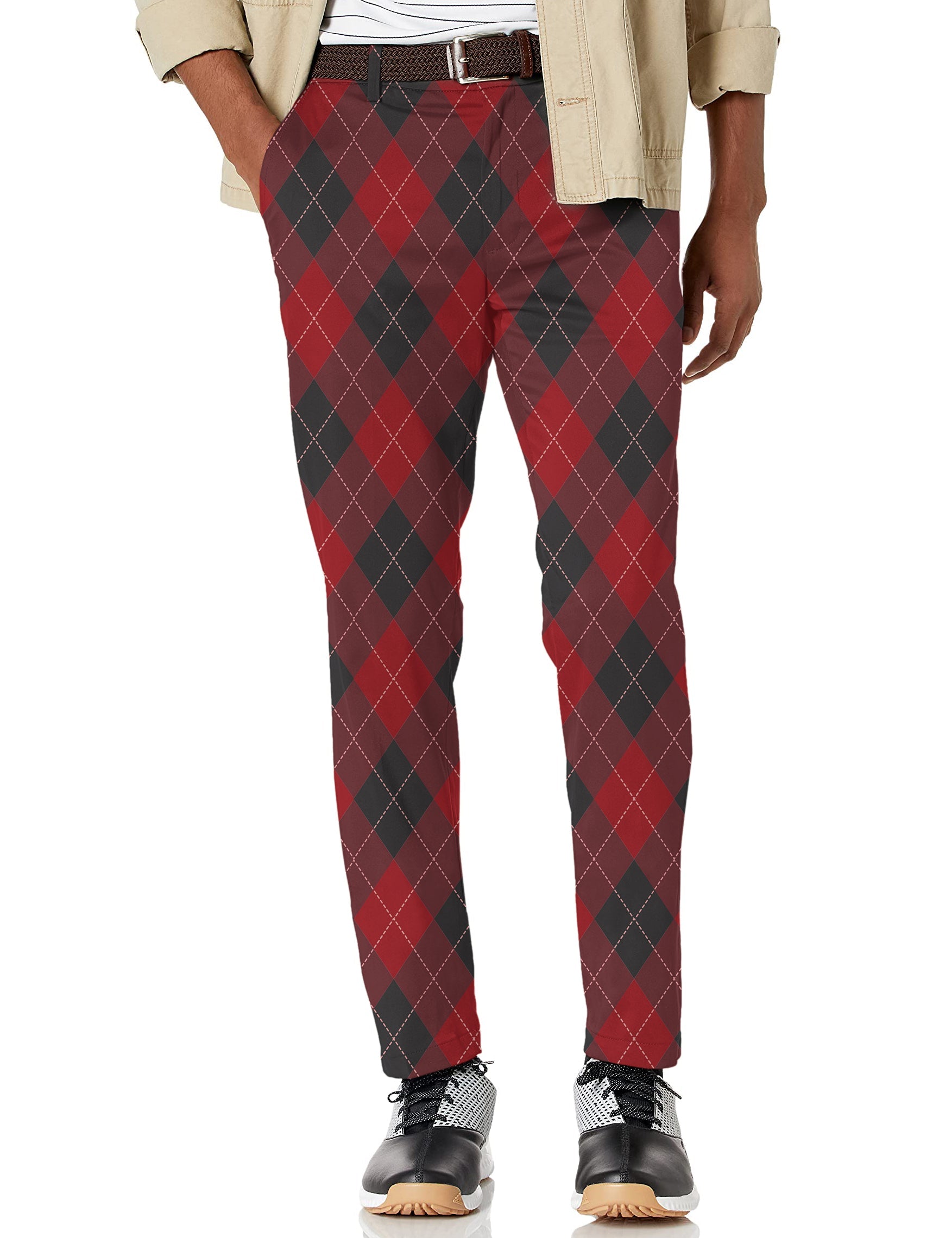 Men's red argyle stretch golf pants with moisture-wicking fabric and active waistband