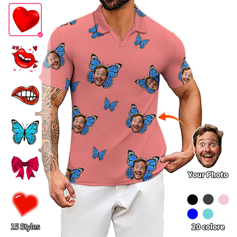 Valentine's Day men's custom pink V-neck golf polo with photo face and butterfly print