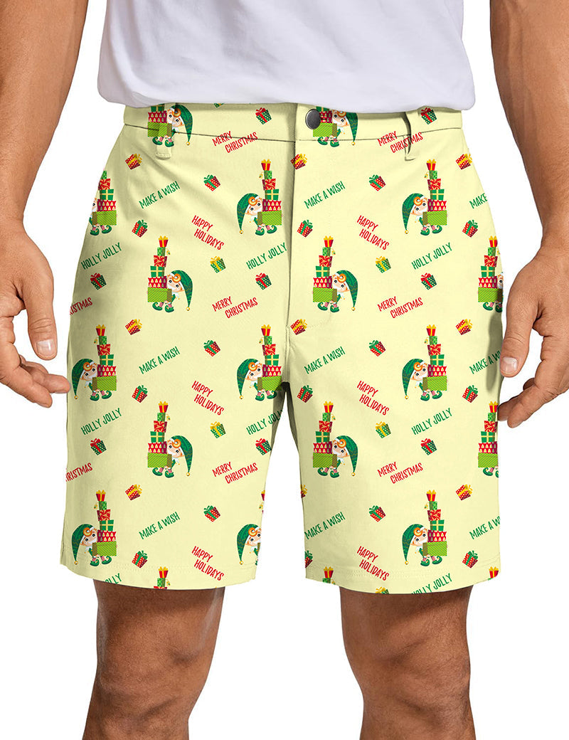 Men's Christmas Little Green Man golf shorts with festive gift and holiday text print