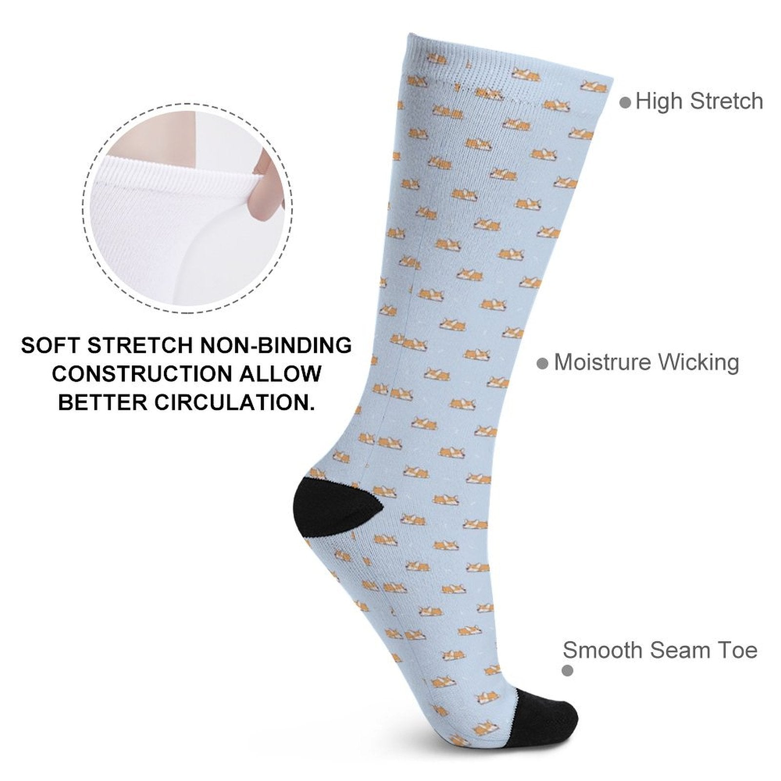 Cute corgi printed socks with soft stretch, moisture-wicking fabric, and smooth seam toe for comfortable gift ideas