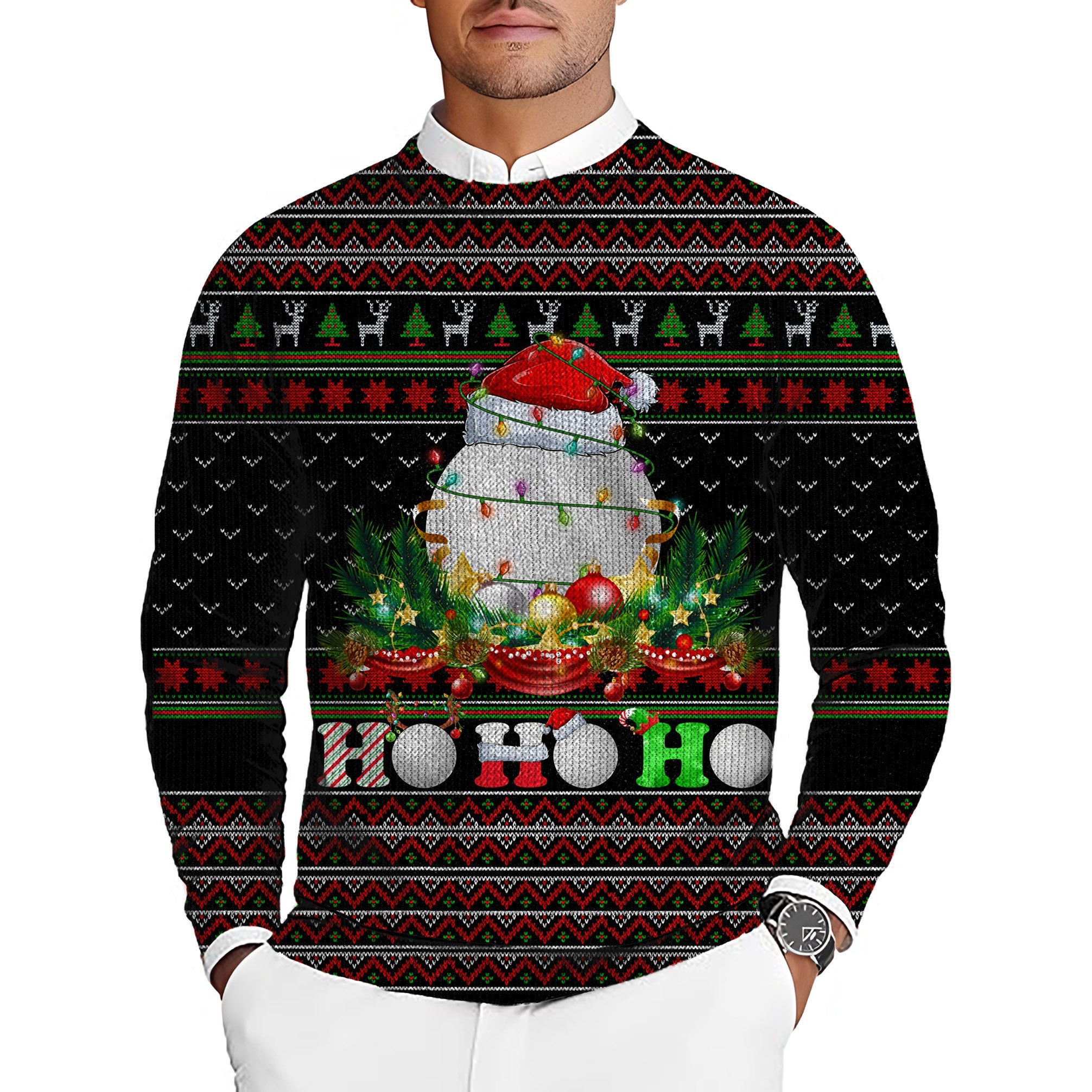 Men's Golf Crewneck Pullover Ugly Sweater with Christmas golf ball design, soft stretchy fabric, elastic ribbed cuffs, and classic rounded neck
