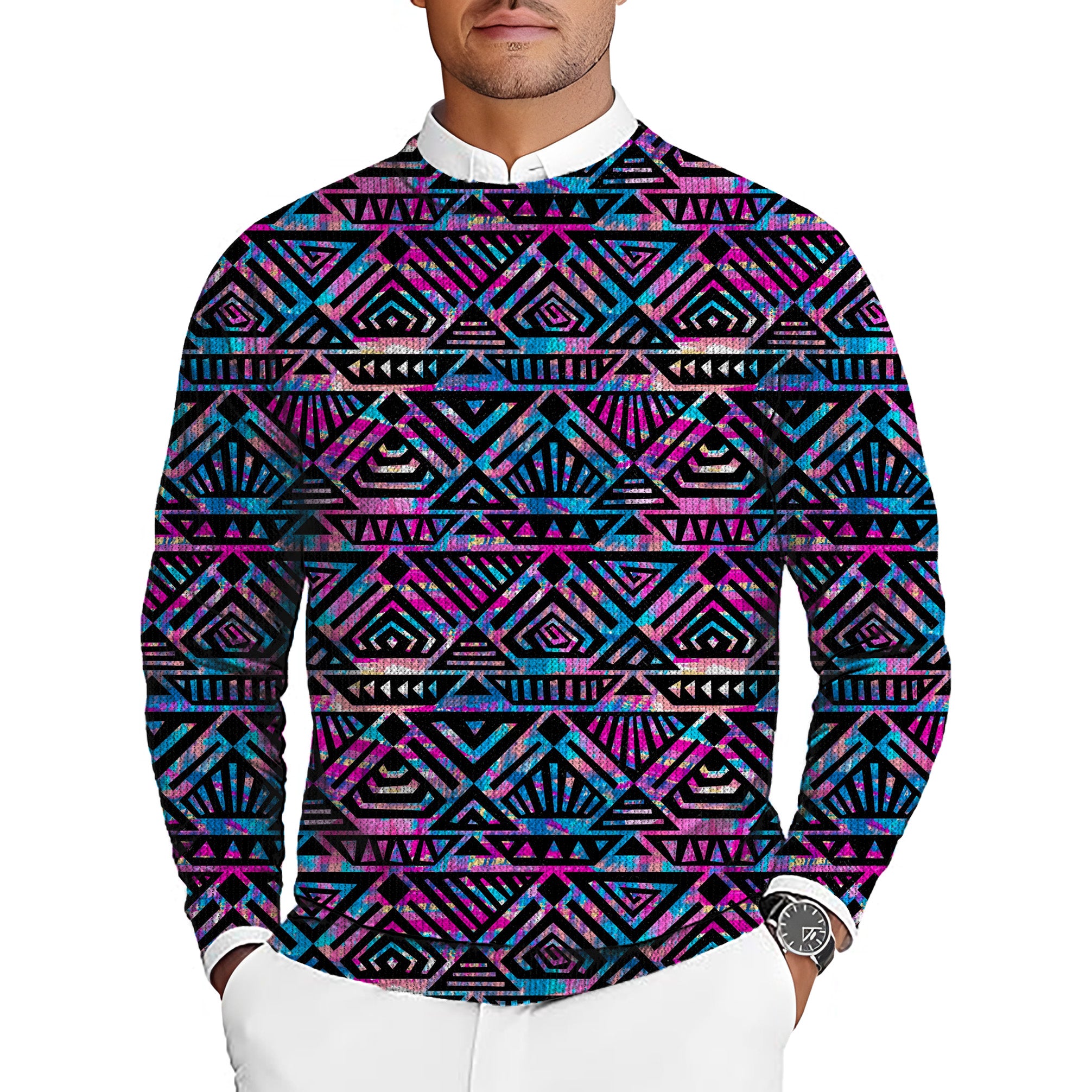 Purple grid Men's Golf Crewneck Pullover Sweaters Ugly Sweater