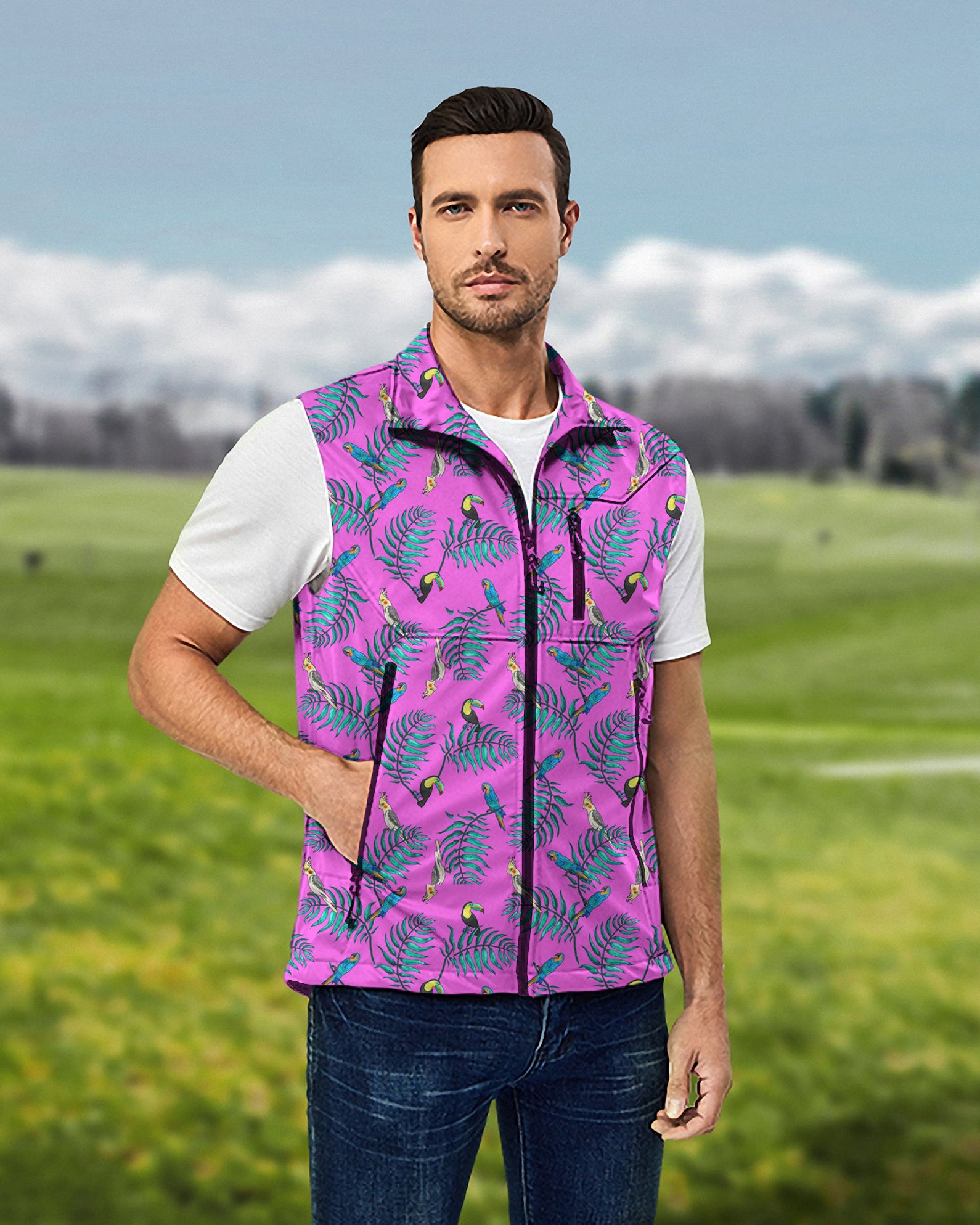 Men's Tropical Oasis Lightweight Softshell Vest Sleeveless Jacket for Golf Windproof Waterproof