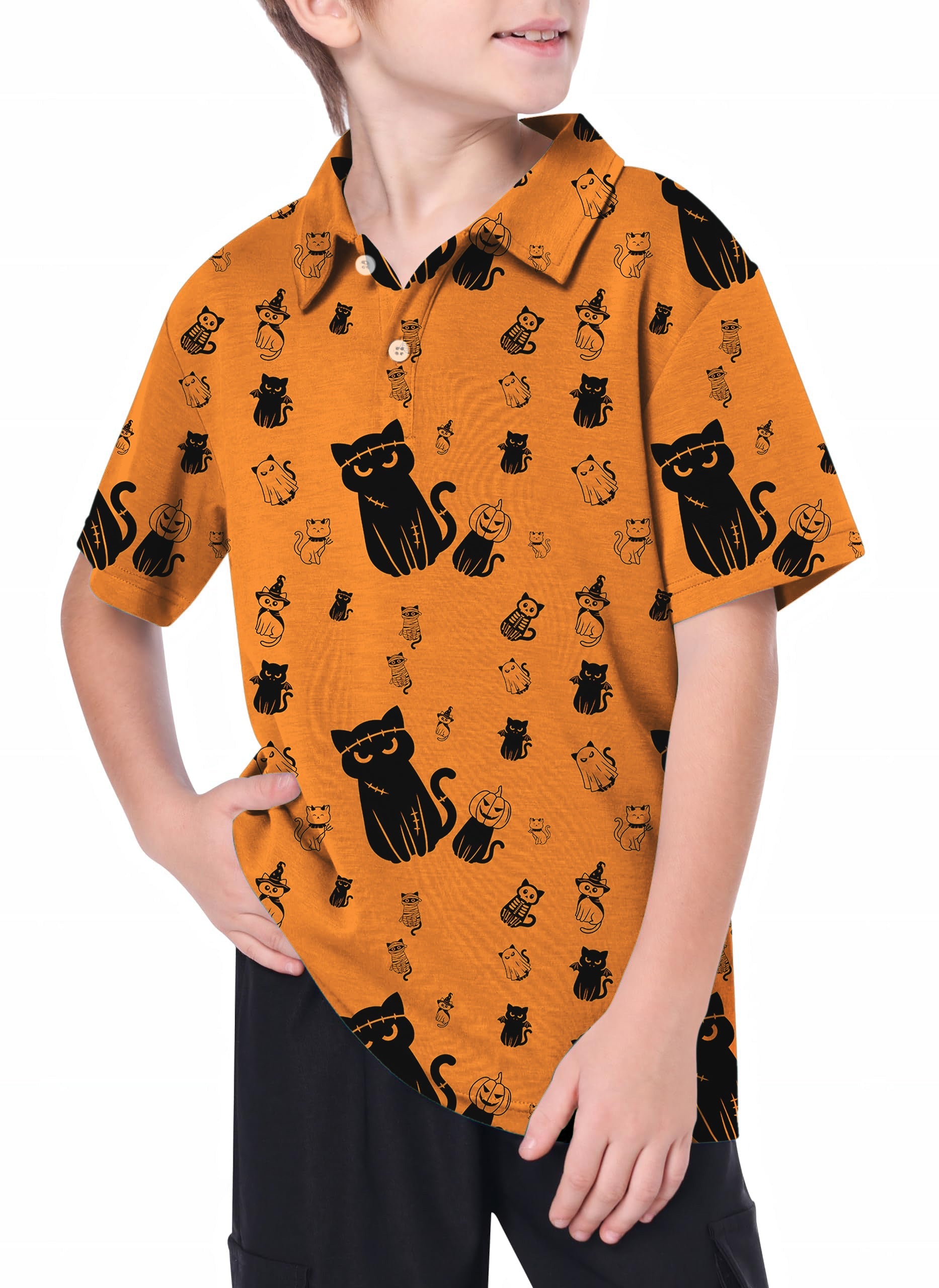 Youth Halloween cat print orange golf polo for kids with moisture-wicking fabric