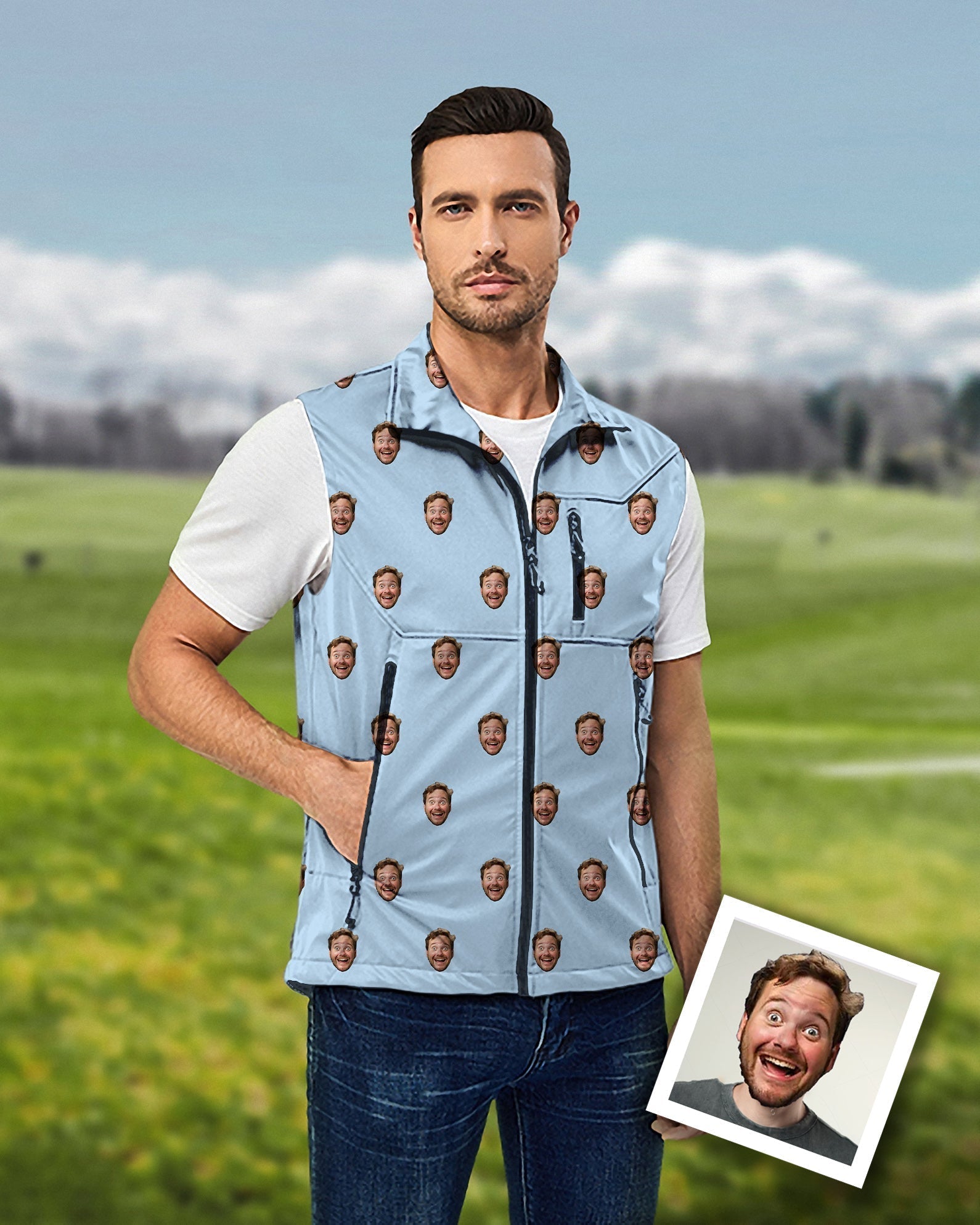 Men's custom photo softshell vest with funny face pattern for golf, windproof and waterproof