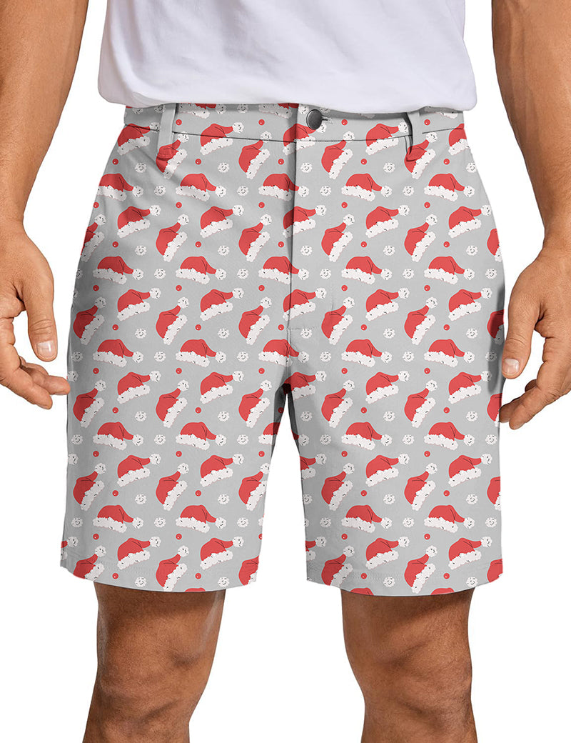 Men's golf shorts with Christmas pompom hat pattern, lightweight and quick dry fabric