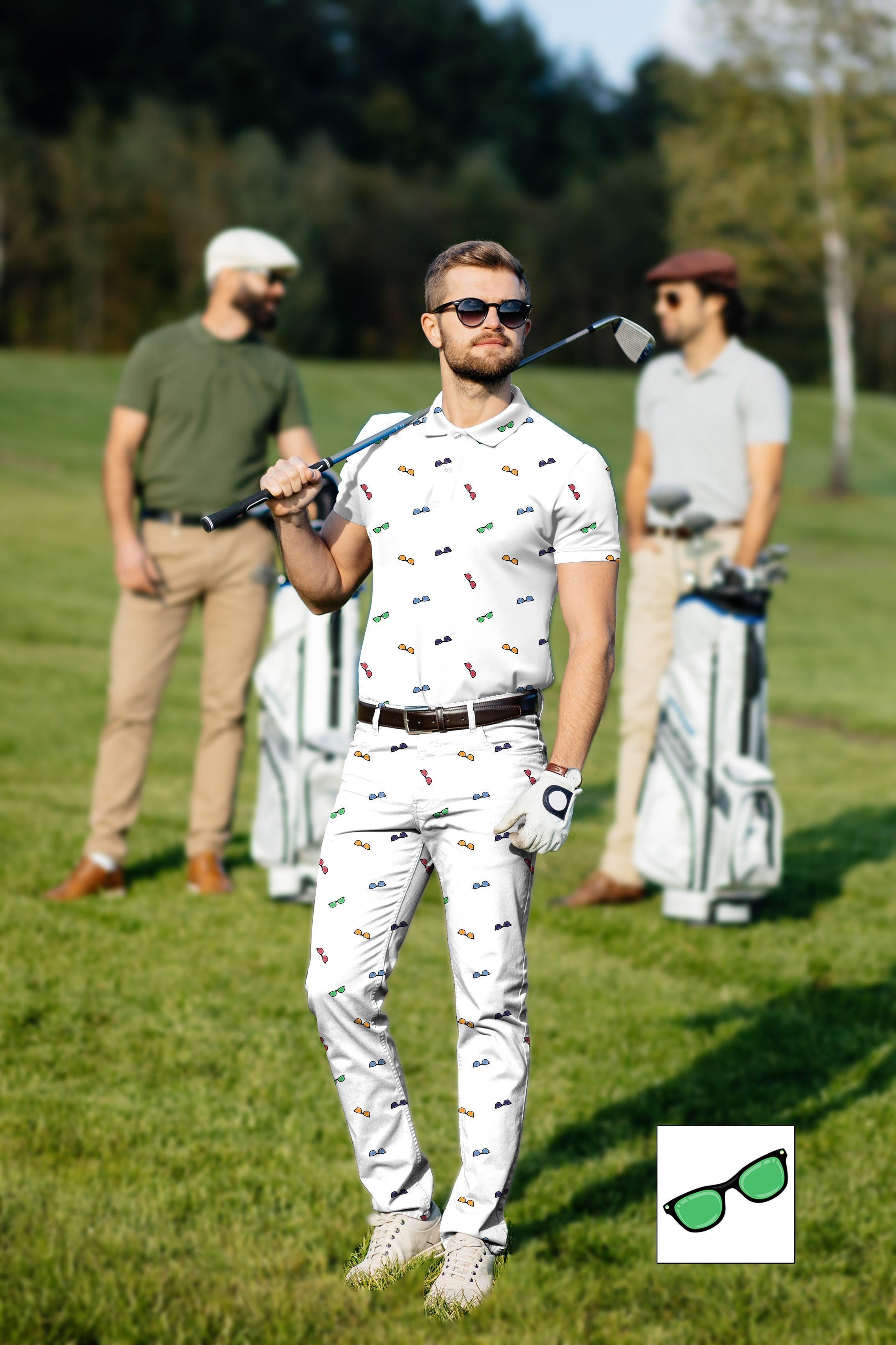 Men's golf set with colorful polo and pants, stylish sunglasses, and custom options, perfect for sporty and business casual looks on the green