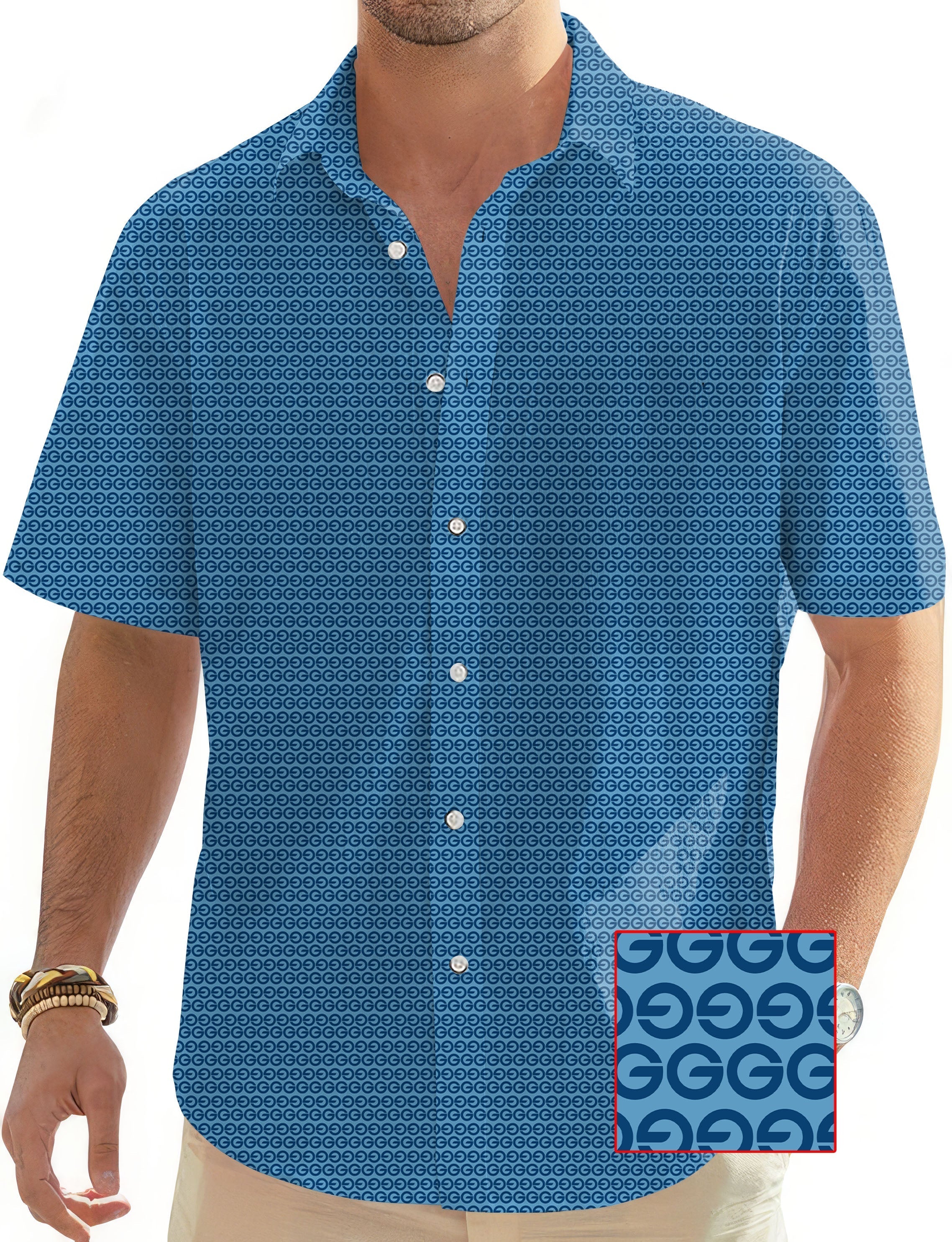 Blue G Men's Golf short sleeve button-down Hawaiian shirt with classic collar and patterned design